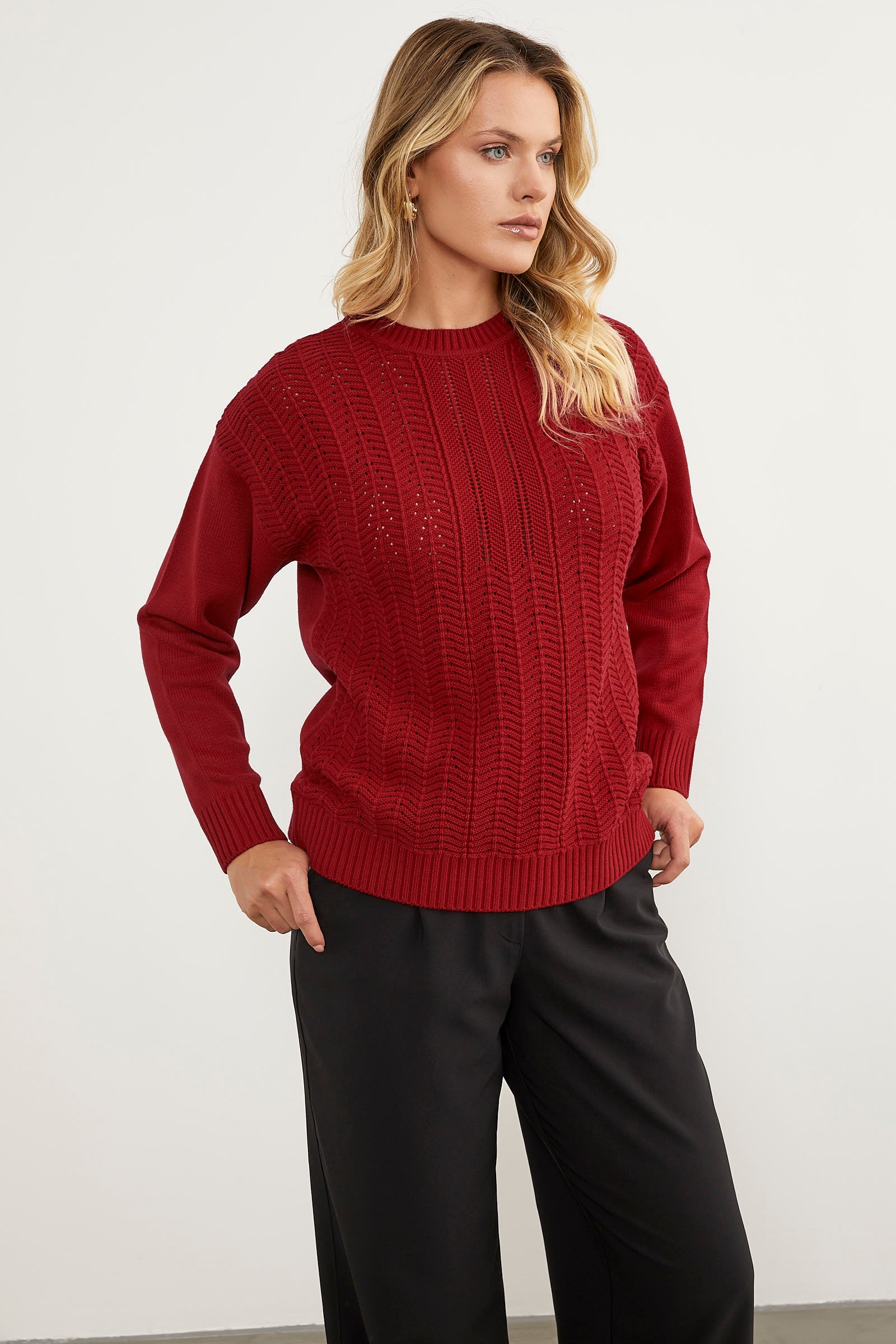 Sıfır Yaka Zik Zak Motifli Triko Kazak - Kırmızı (2) Sementa