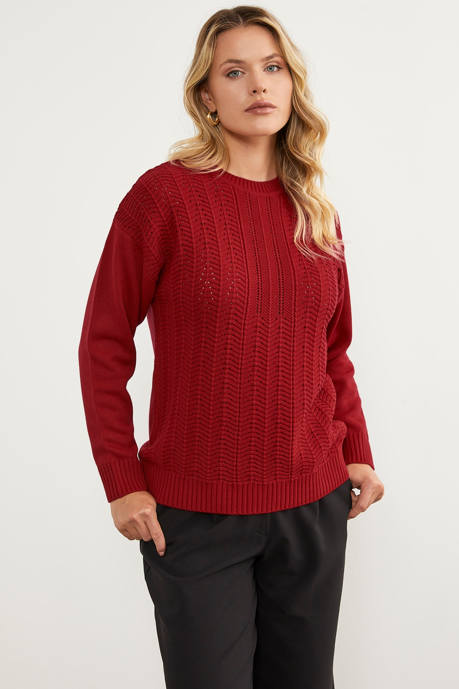 Sıfır Yaka Zik Zak Motifli Triko Kazak - Kırmızı (1) Sementa