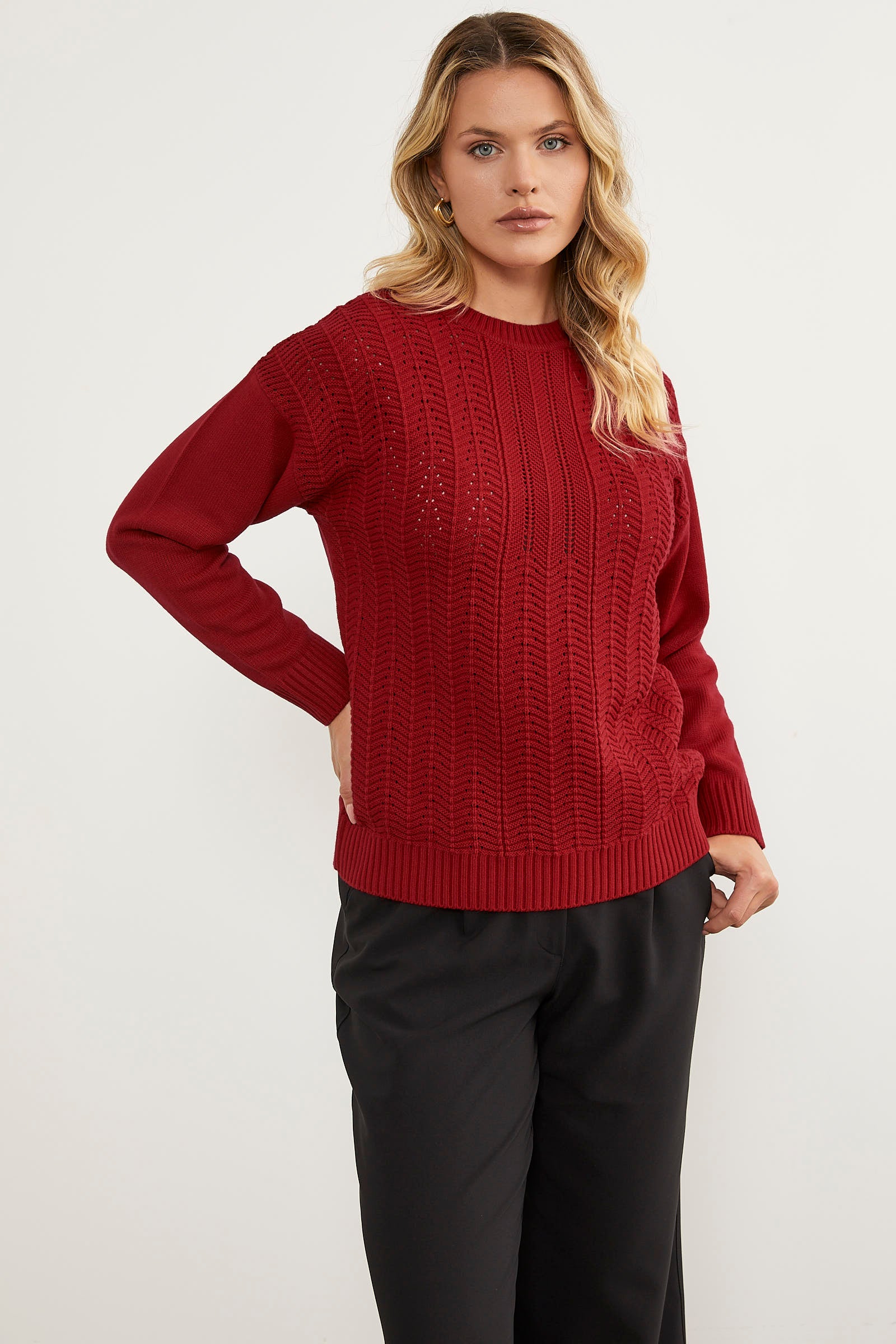 Sıfır Yaka Zik Zak Motifli Triko Kazak - Kırmızı (4) Sementa