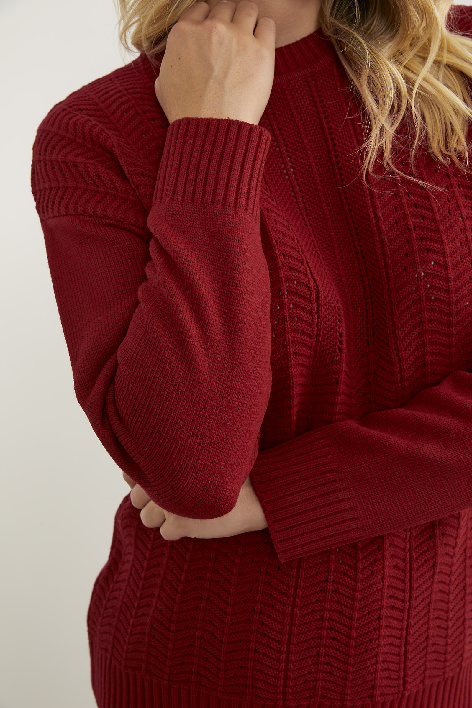 Sıfır Yaka Zik Zak Motifli Triko Kazak - Kırmızı (5) Sementa