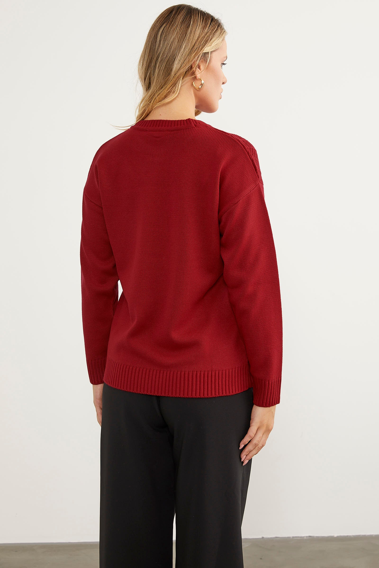 Sıfır Yaka Zik Zak Motifli Triko Kazak - Kırmızı (6) Sementa