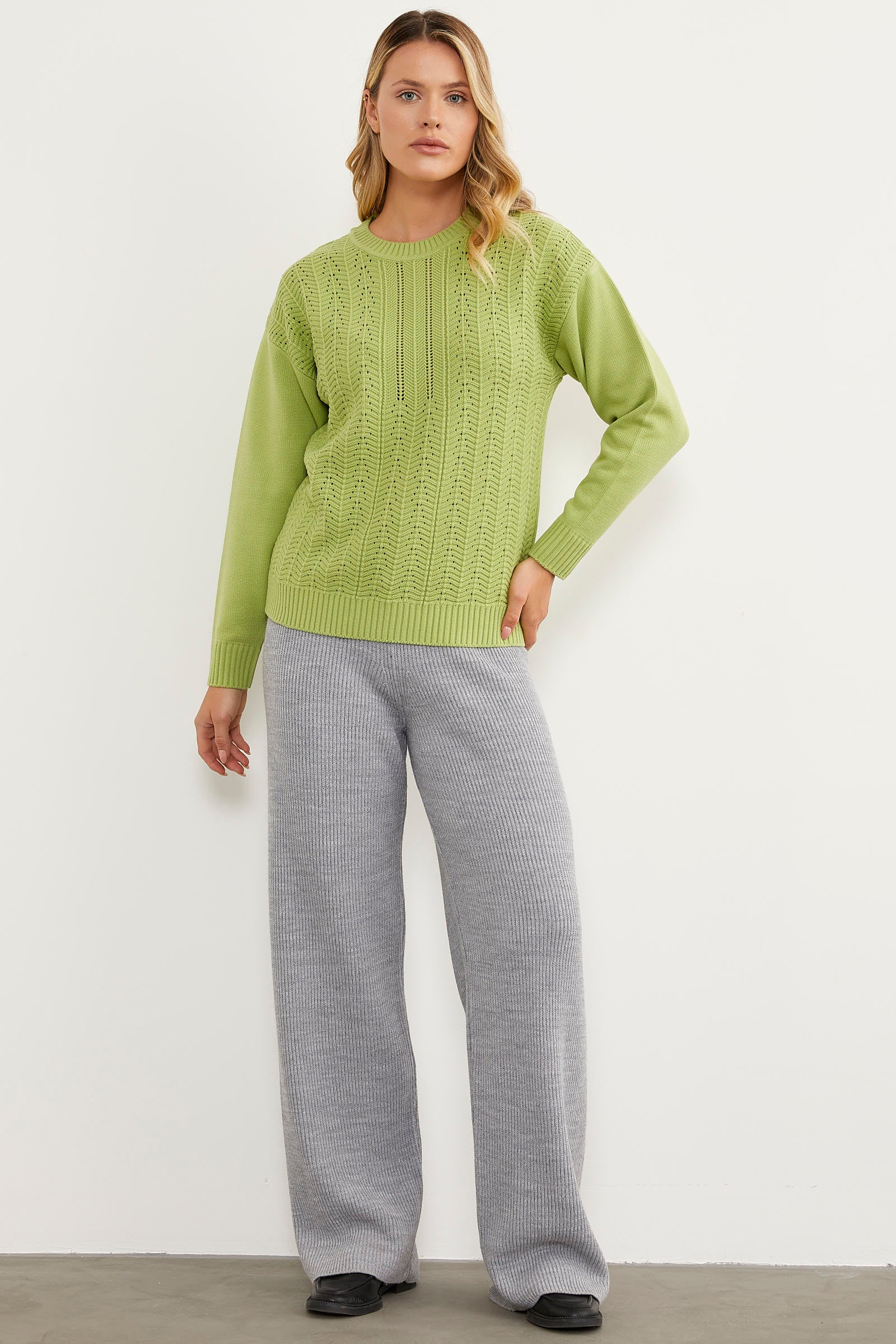 Sıfır Yaka Zik Zak Motifli Triko Kazak - Yeşil (2) Sementa