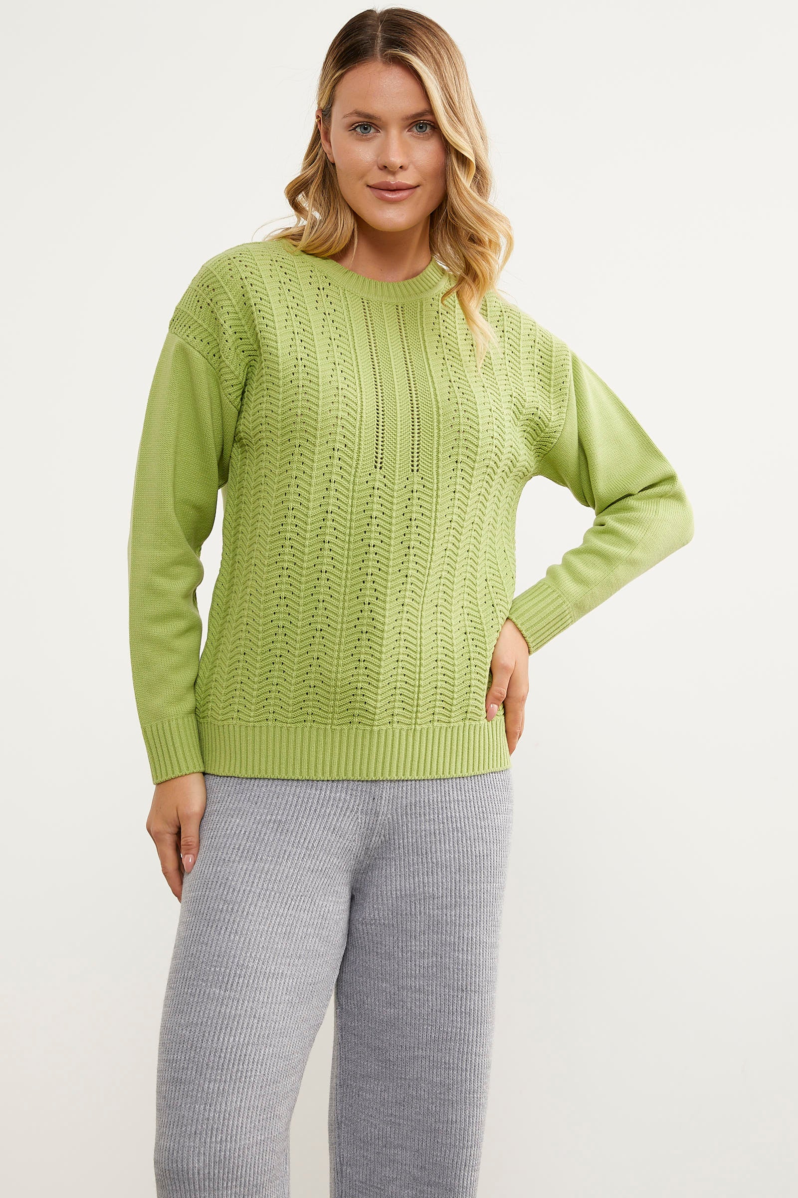 Sıfır Yaka Zik Zak Motifli Triko Kazak - Yeşil (4) Sementa