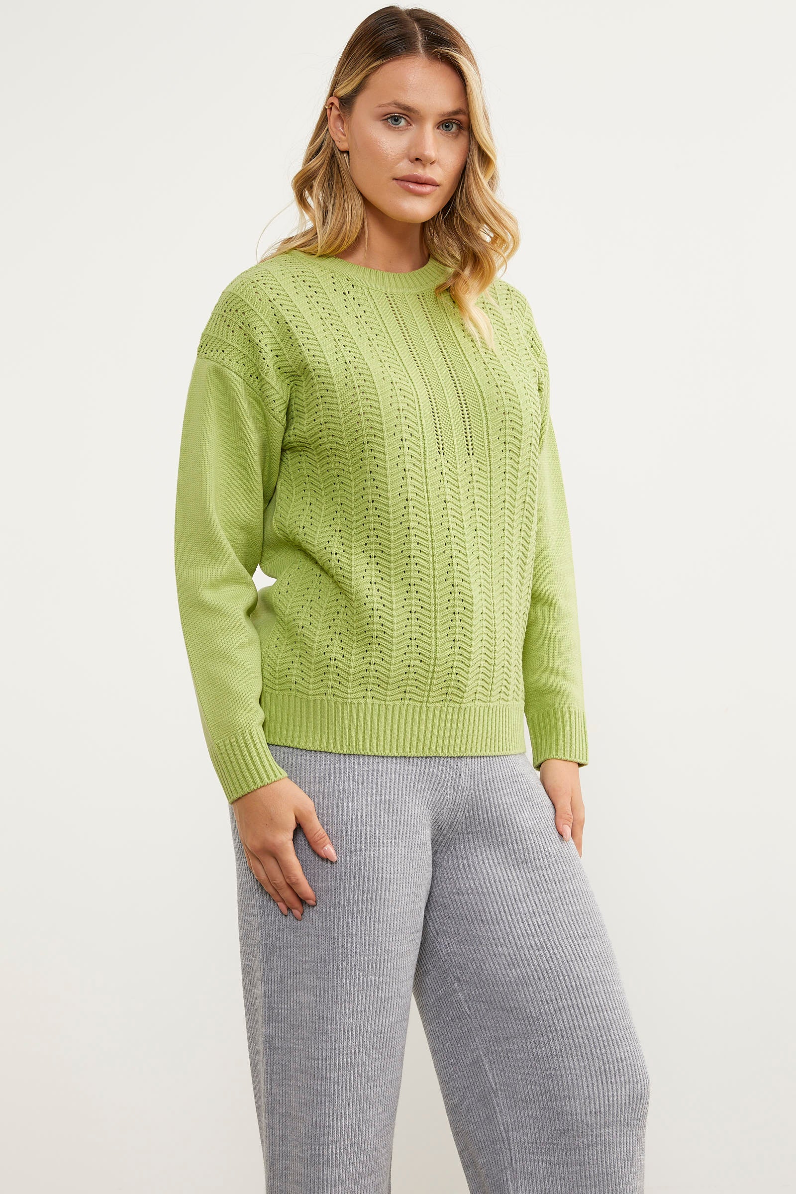 Sıfır Yaka Zik Zak Motifli Triko Kazak - Yeşil (1) Sementa