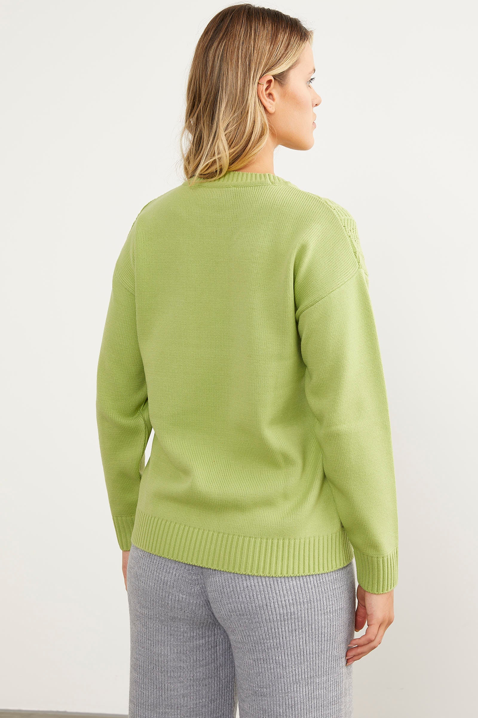 Sıfır Yaka Zik Zak Motifli Triko Kazak - Yeşil (7) Sementa