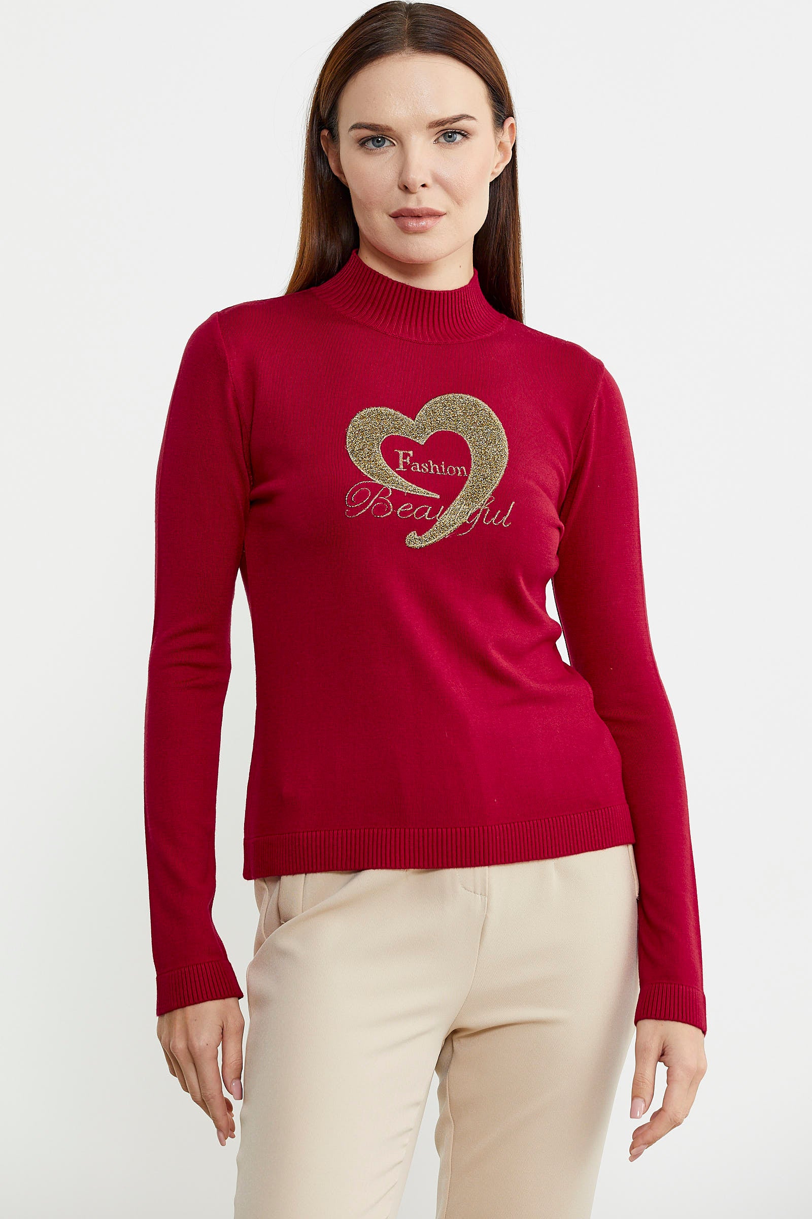 Sim Detaylı Dik Yaka Triko Kazak - Kırmızı - Sementa