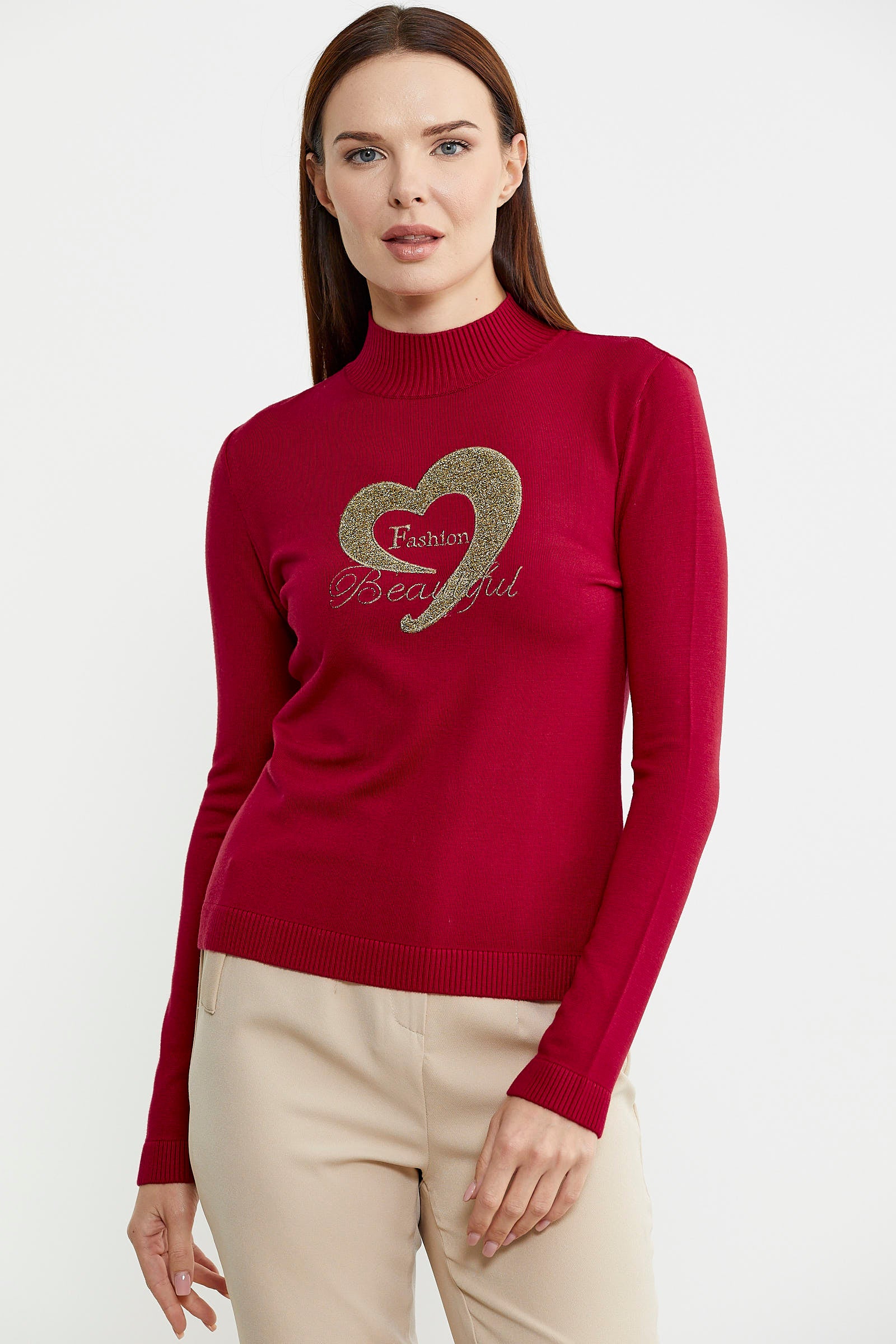 Sim Detaylı Dik Yaka Triko Kazak - Kırmızı - Sementa