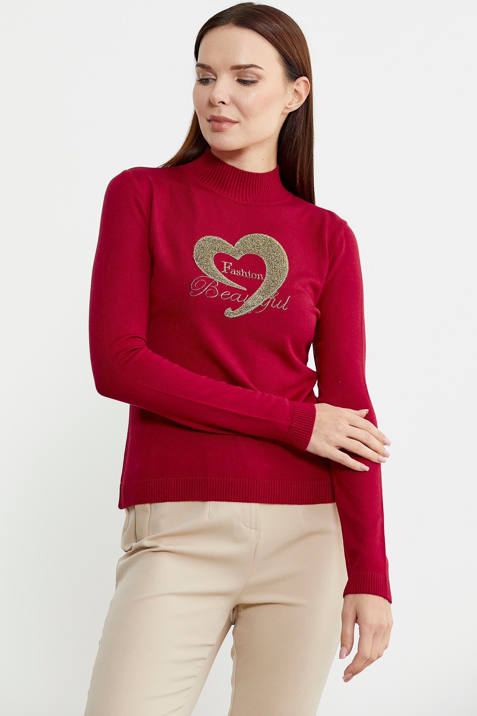 Sim Detaylı Dik Yaka Triko Kazak - Kırmızı - Sementa