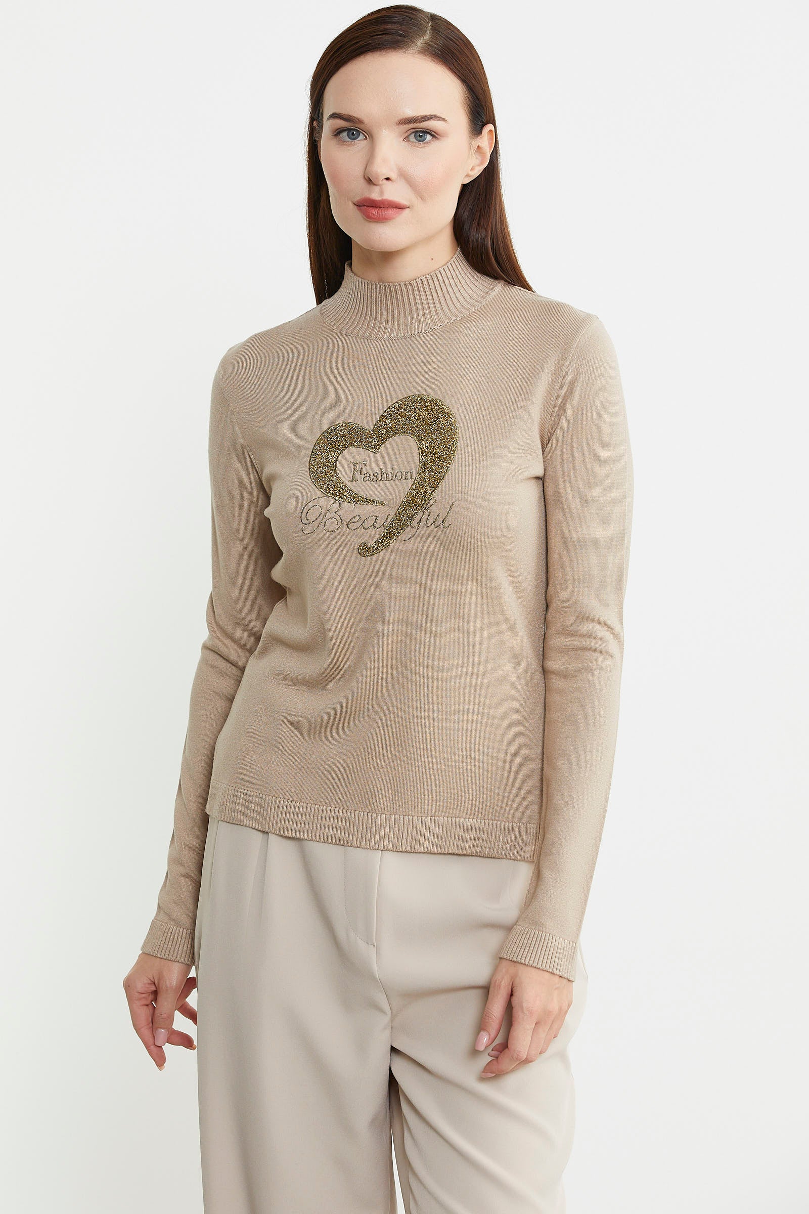 Sim Detaylı Dik Yaka Triko Kazak - Vizon - Sementa