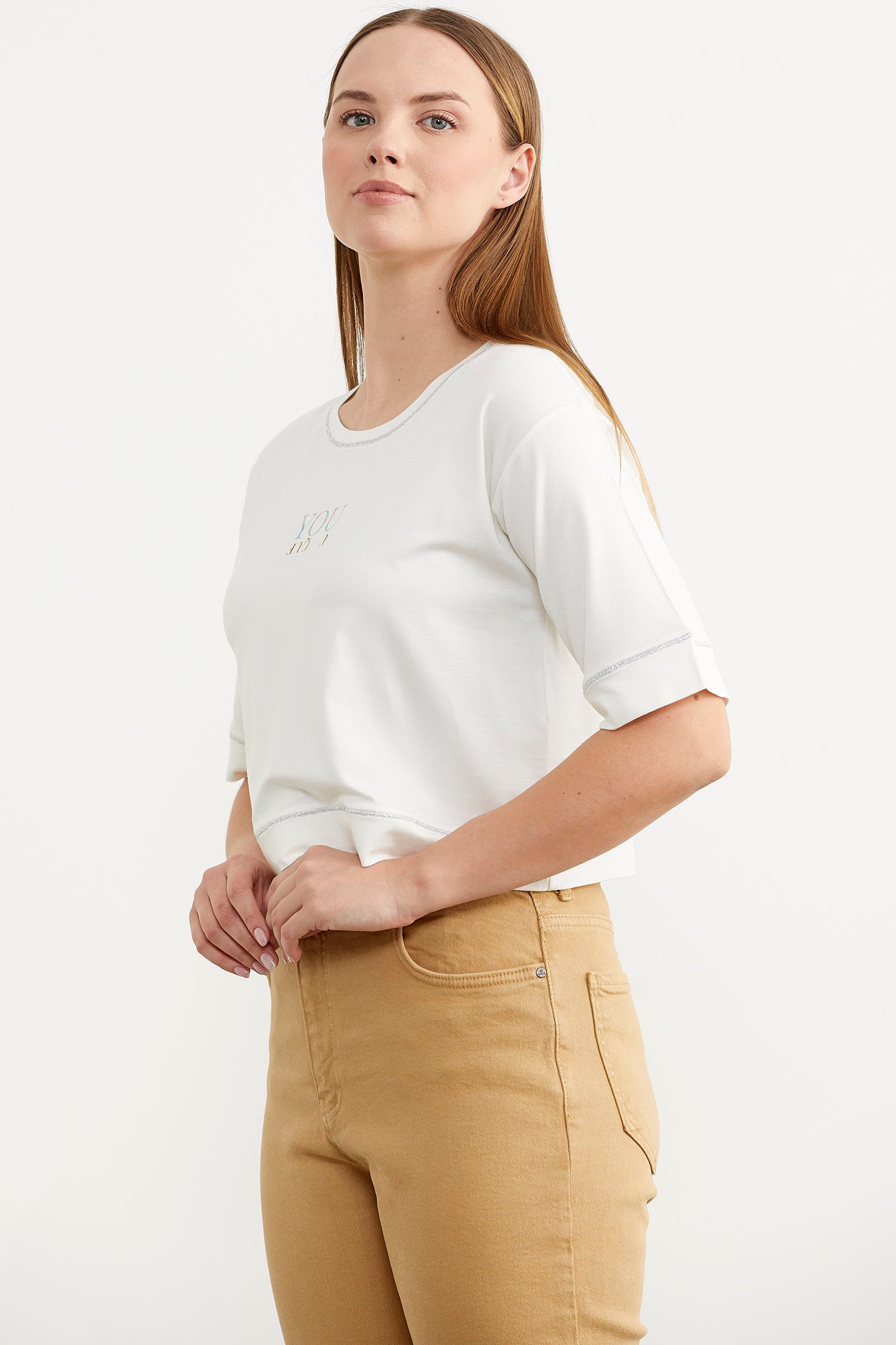 Sim Detaylı Oversize Crop Tişört - Ekru (5) Sementa