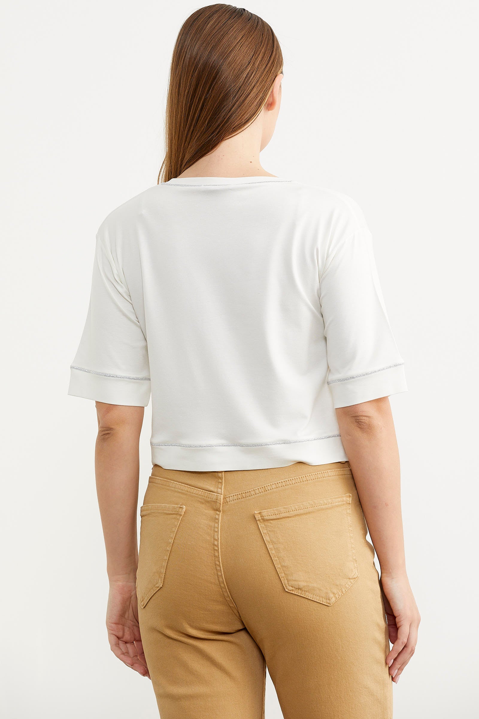 Sim Detaylı Oversize Crop Tişört - Ekru (6) Sementa