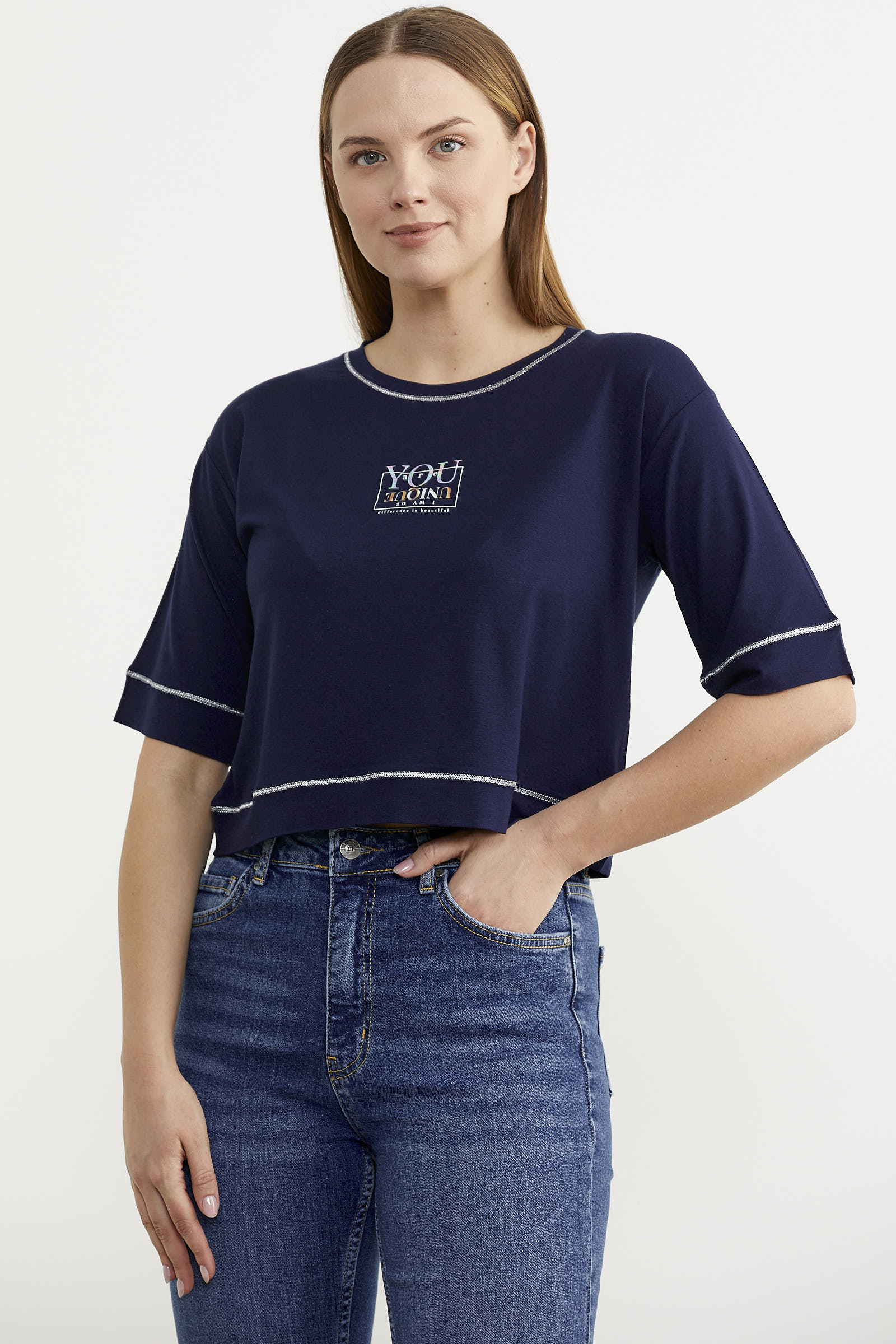 Sim Detaylı Oversize Crop Tişört - Lacivert (2) Sementa