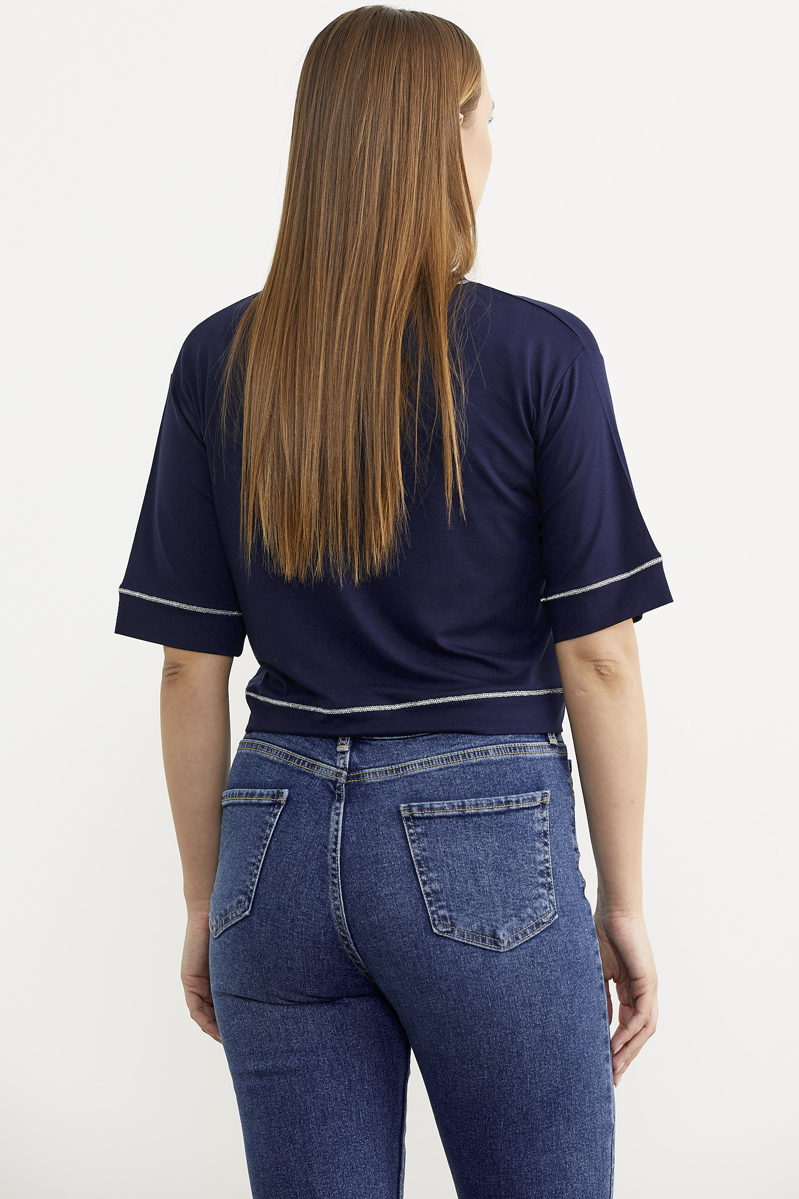 Sim Detaylı Oversize Crop Tişört - Lacivert (5) Sementa