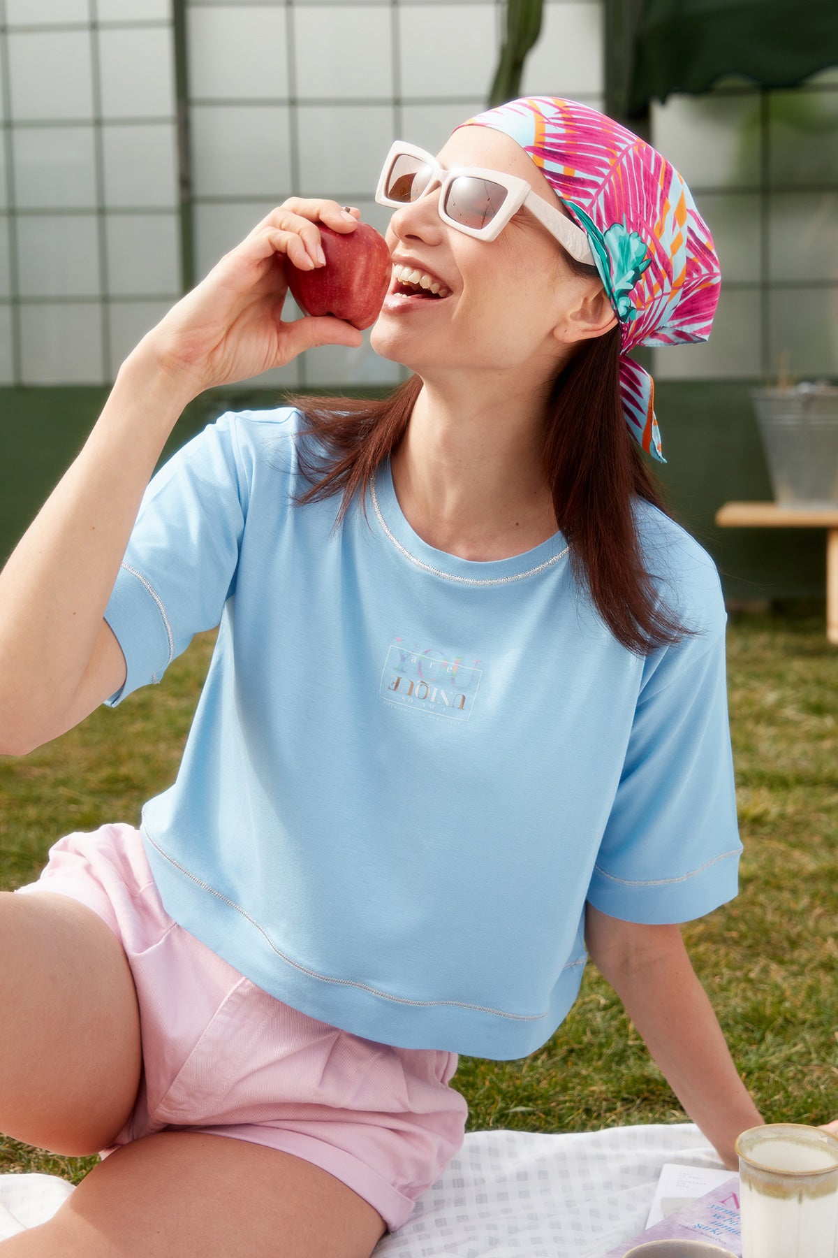 Sim Detaylı Oversize Crop Tişört - Mavi (2) Sementa