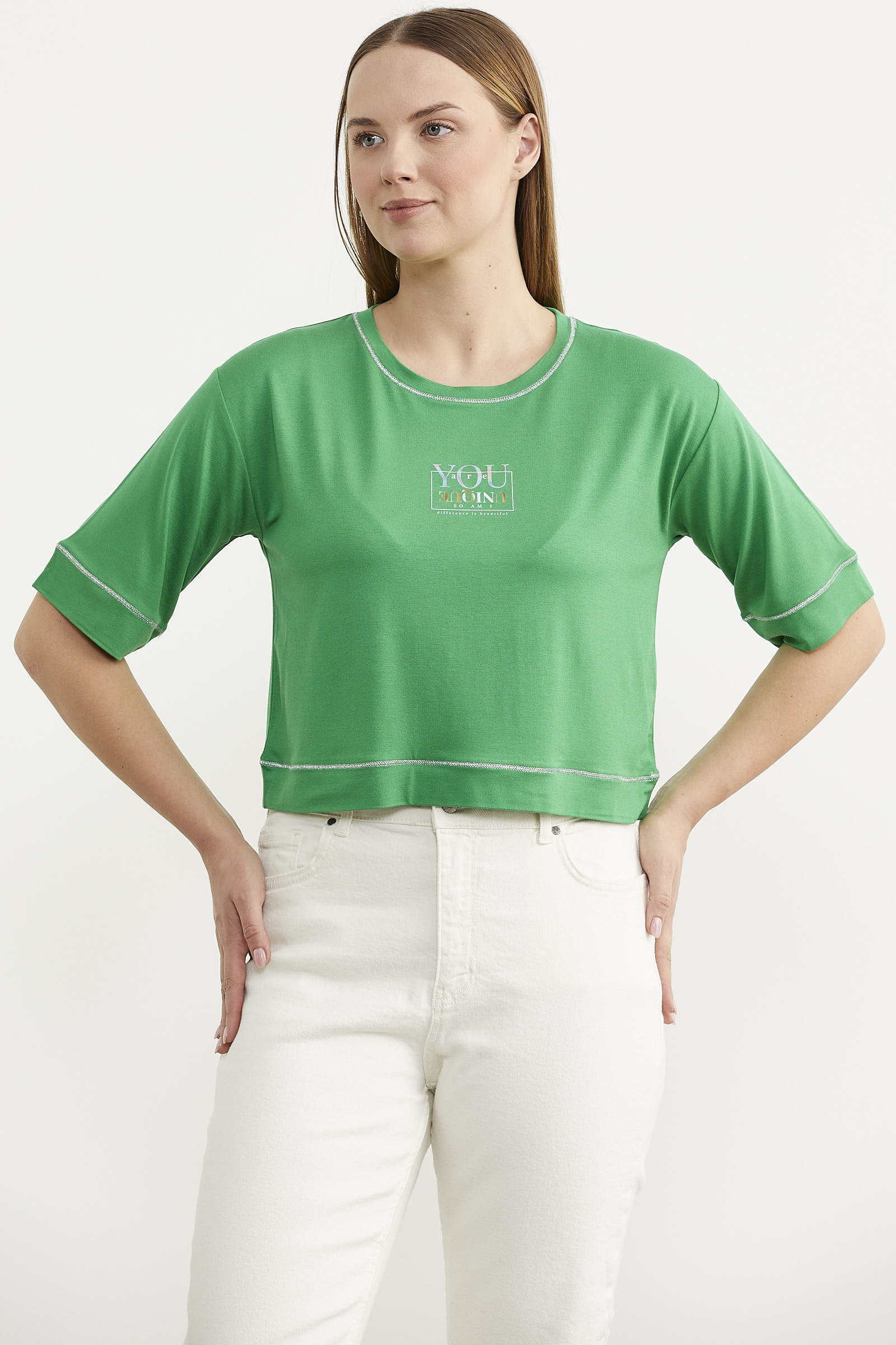 Sim Detaylı Oversize Crop Tişört - Yeşil (2) Sementa