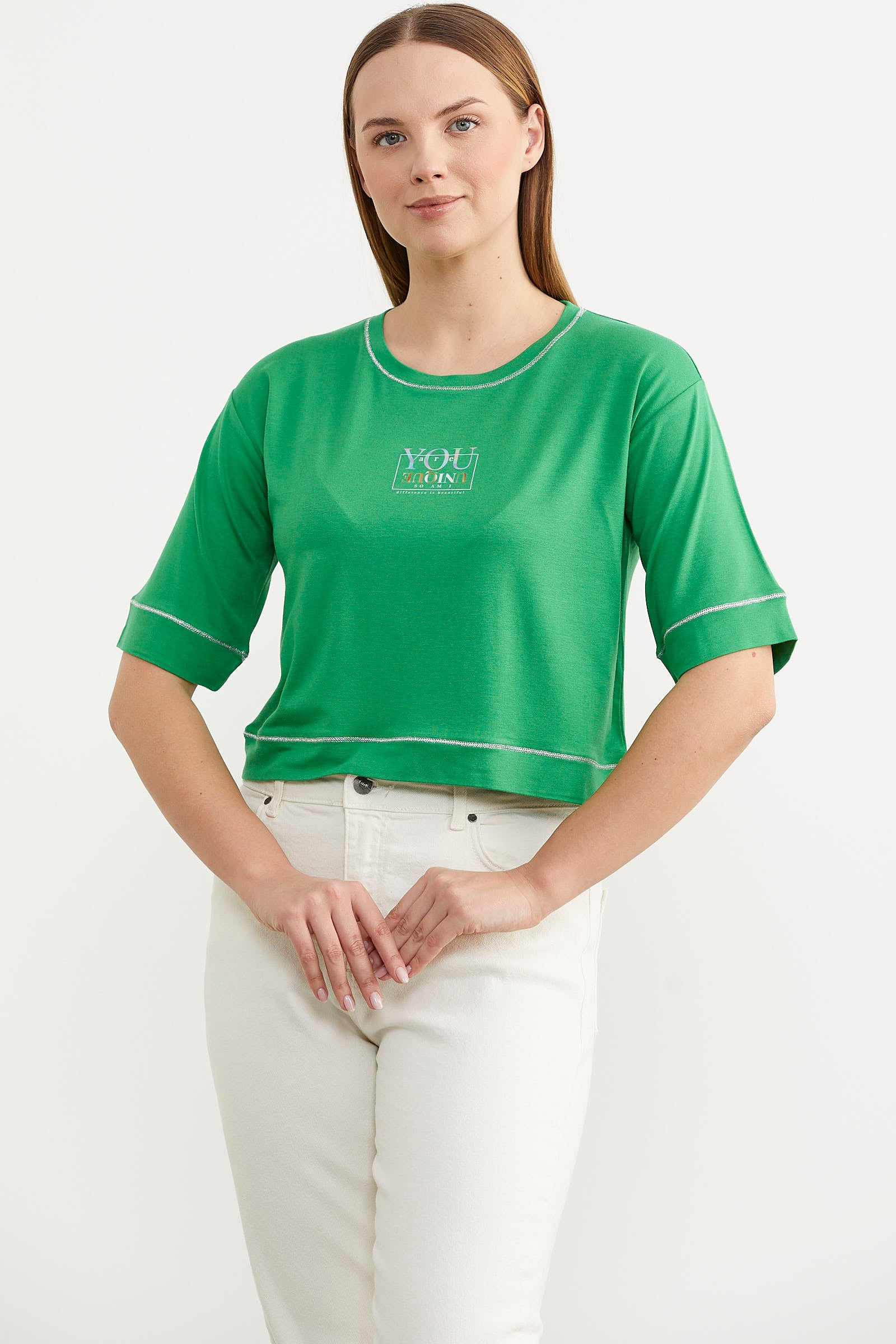 Sim Detaylı Oversize Crop Tişört - Yeşil (3) Sementa