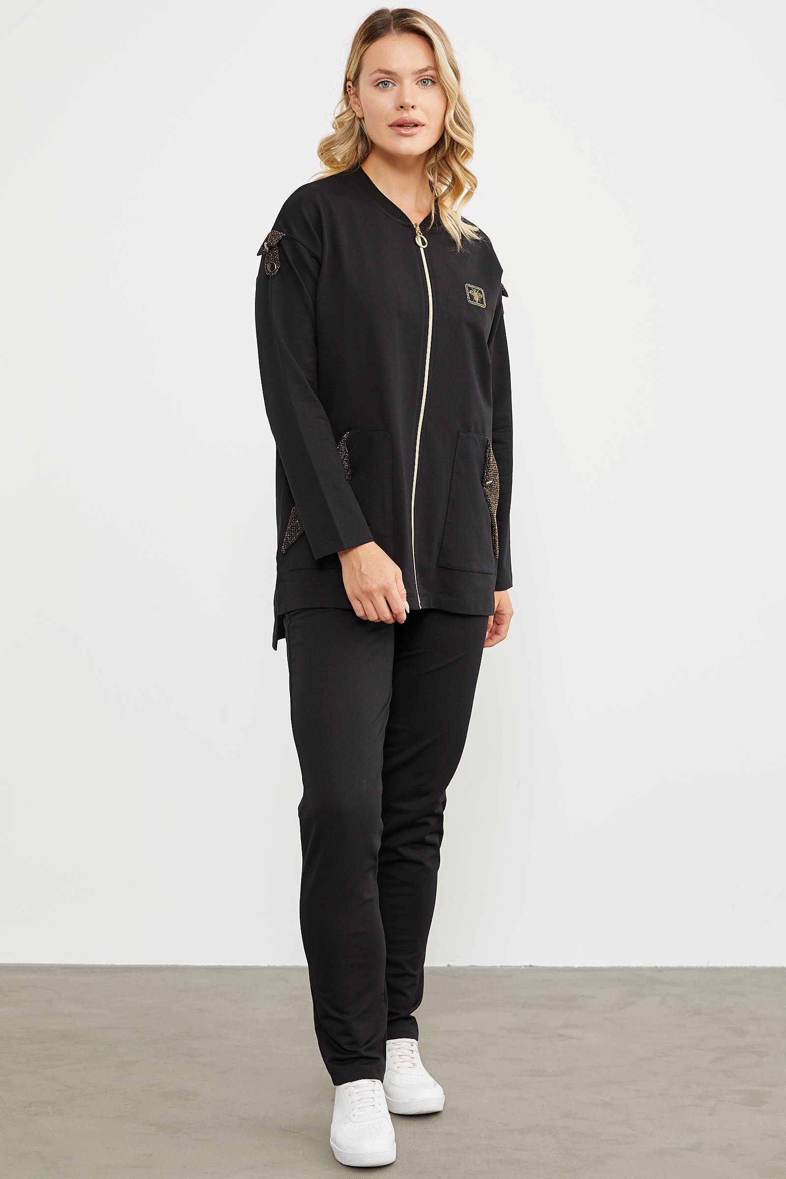 Sim Kumaş Kombinli Fermuarlı Takım - Siyah (2) Sementa