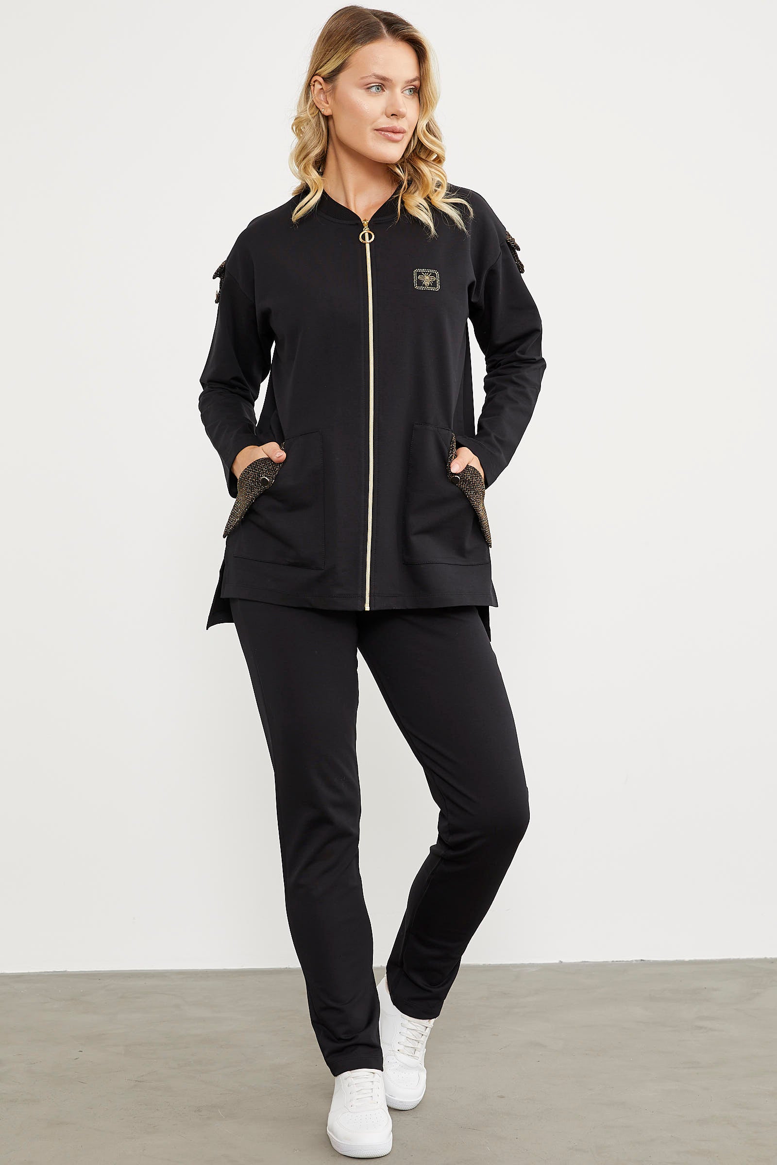 Sim Kumaş Kombinli Fermuarlı Takım - Siyah (4) Sementa