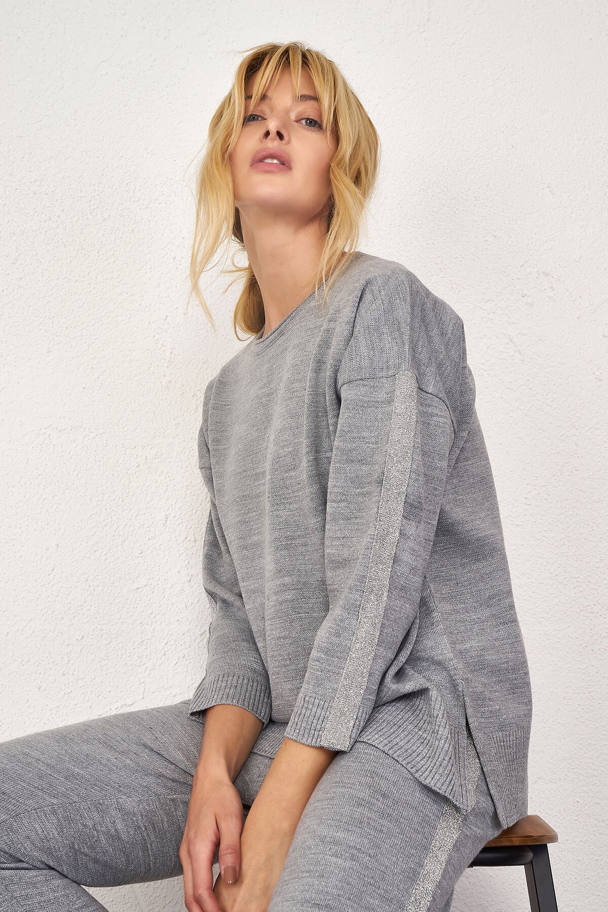 Simli Triko Takım - Açık Gri (3) Sementa