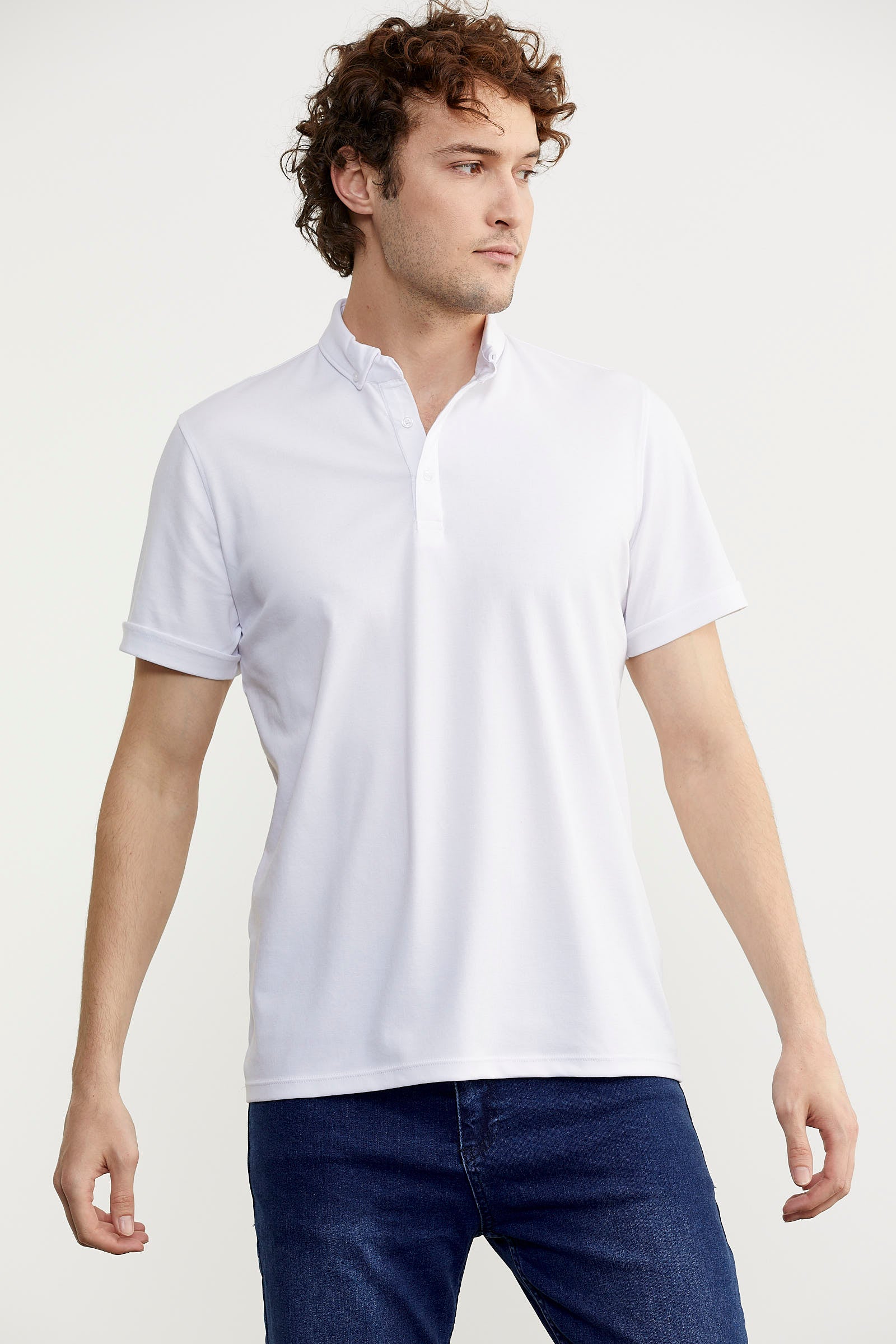 Slim Fit Düğmeli Polo Yaka Tişört - Beyaz (6) Sementa