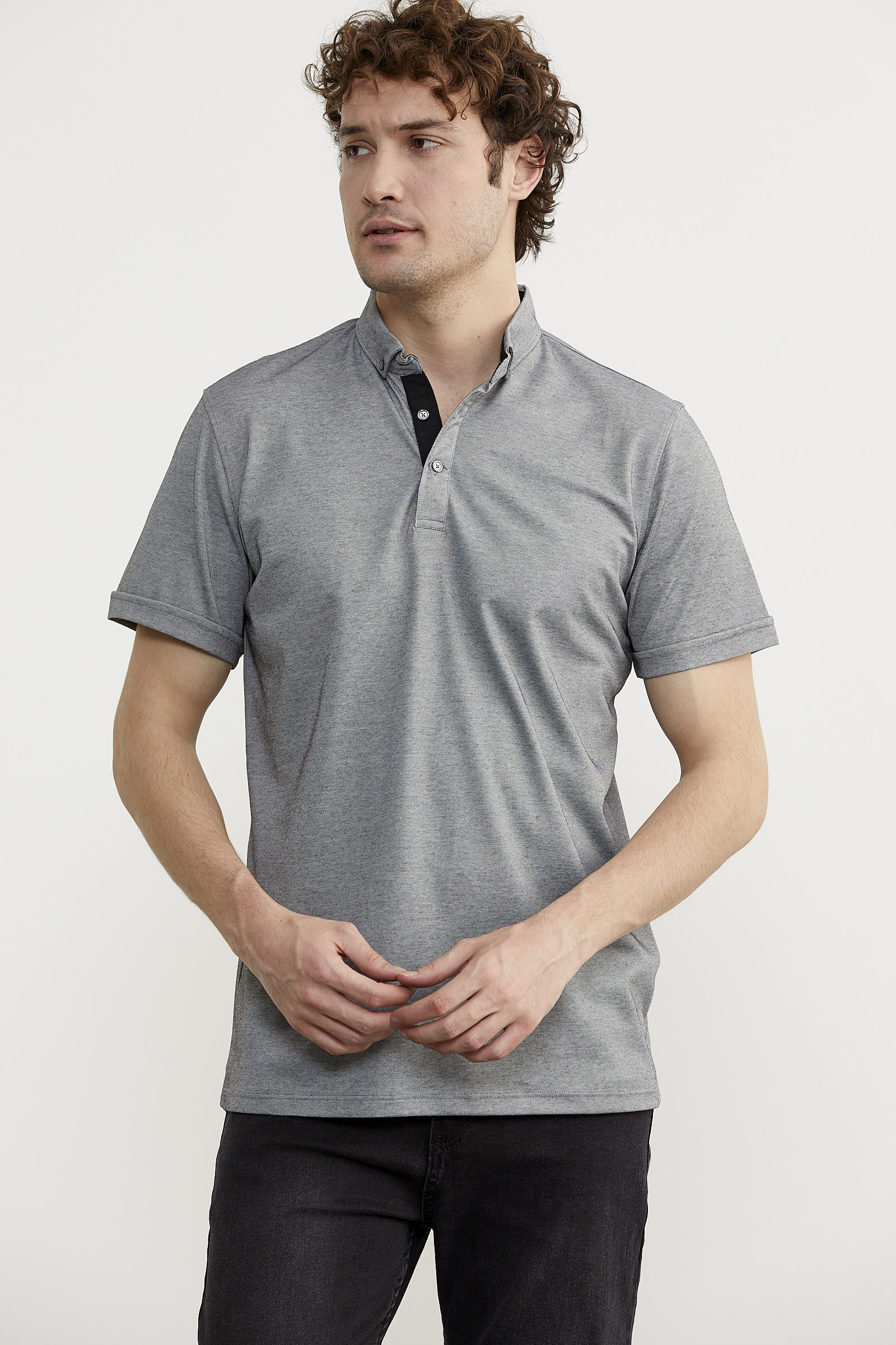 Slim Fit Düğmeli Polo Yaka Tişört - Gri (3) Sementa