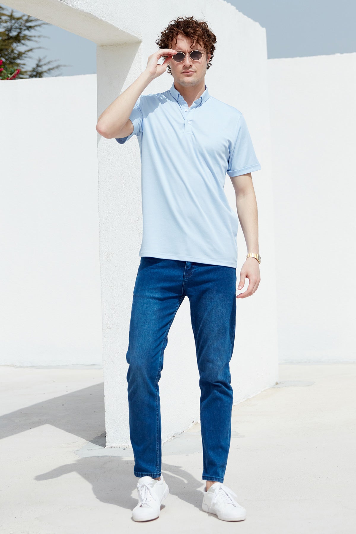 Slim Fit Düğmeli Polo Yaka Tişört - Mavi (1) Sementa