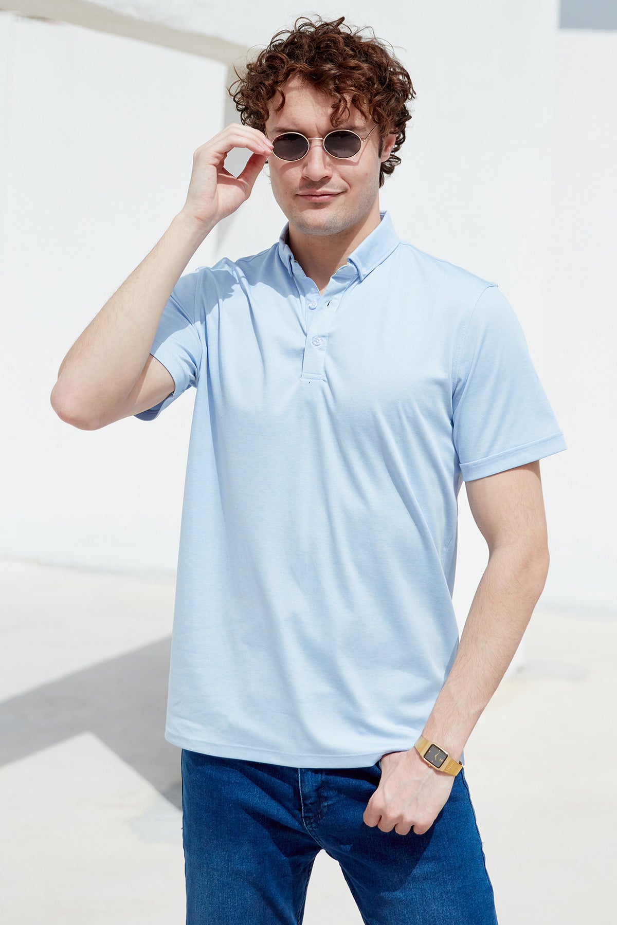 Slim Fit Düğmeli Polo Yaka Tişört - Mavi (3) Sementa