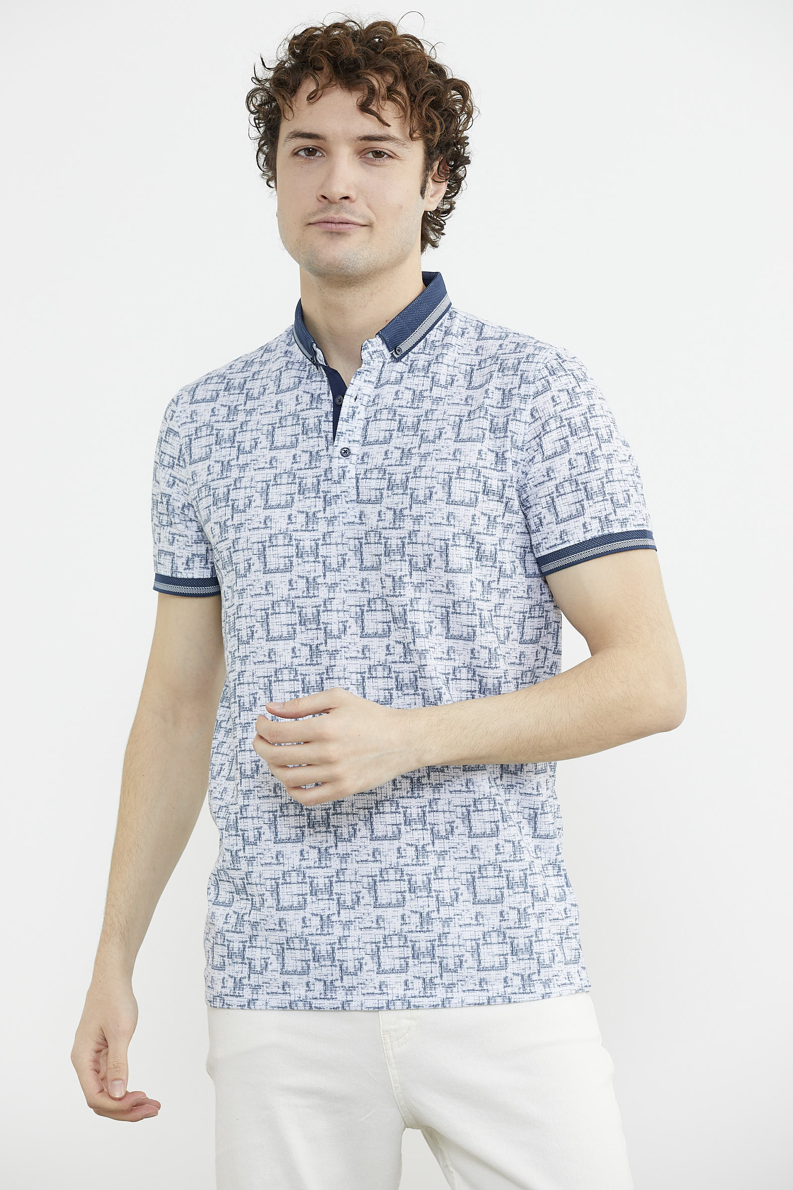 Slim Fit Polo Yaka Desenli Tişört - Lacivert (2) Sementa