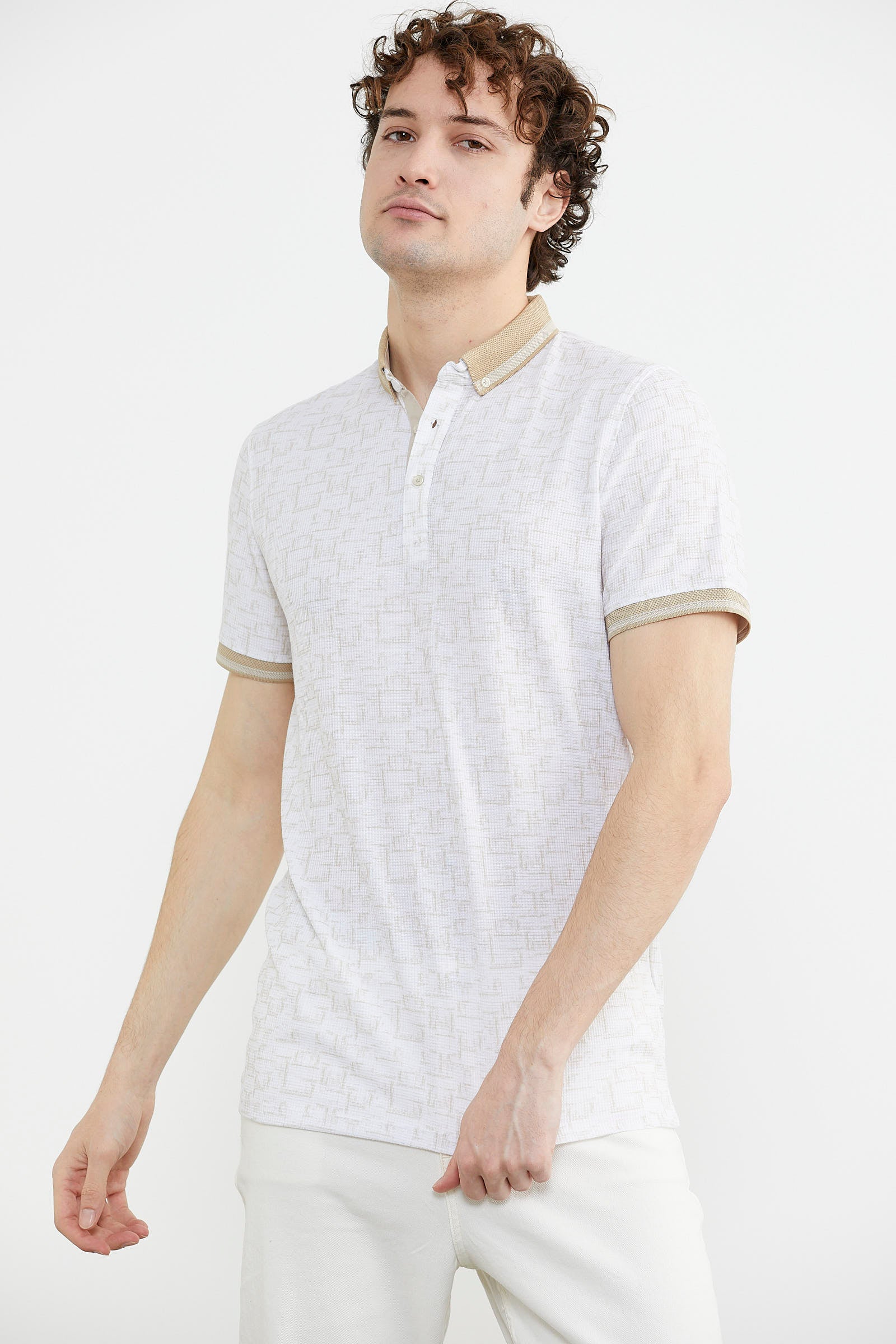 Slim Fit Polo Yaka Desenli Tişört - Sütlü Kahve (4) Sementa