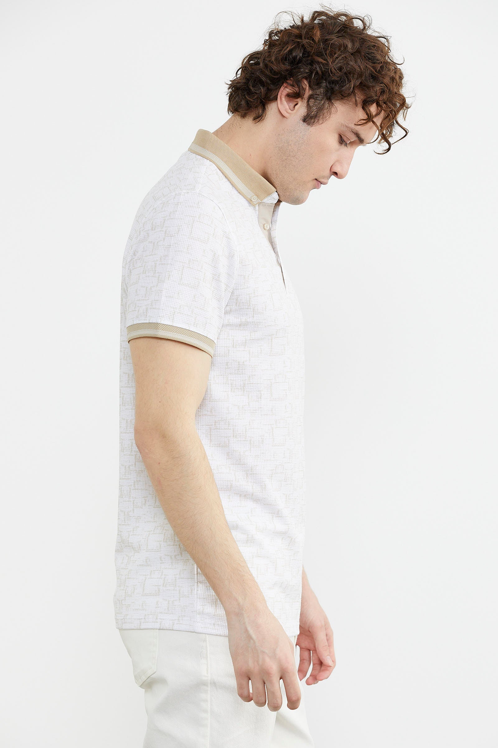 Slim Fit Polo Yaka Desenli Tişört - Sütlü Kahve (5) Sementa