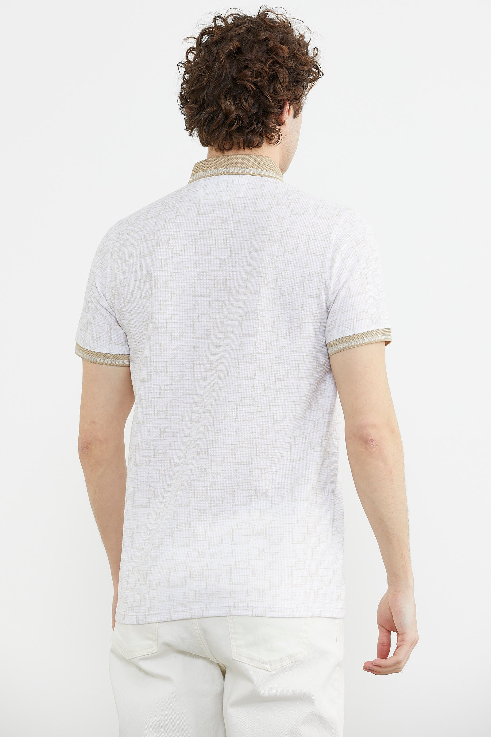 Slim Fit Polo Yaka Desenli Tişört - Sütlü Kahve (6) Sementa