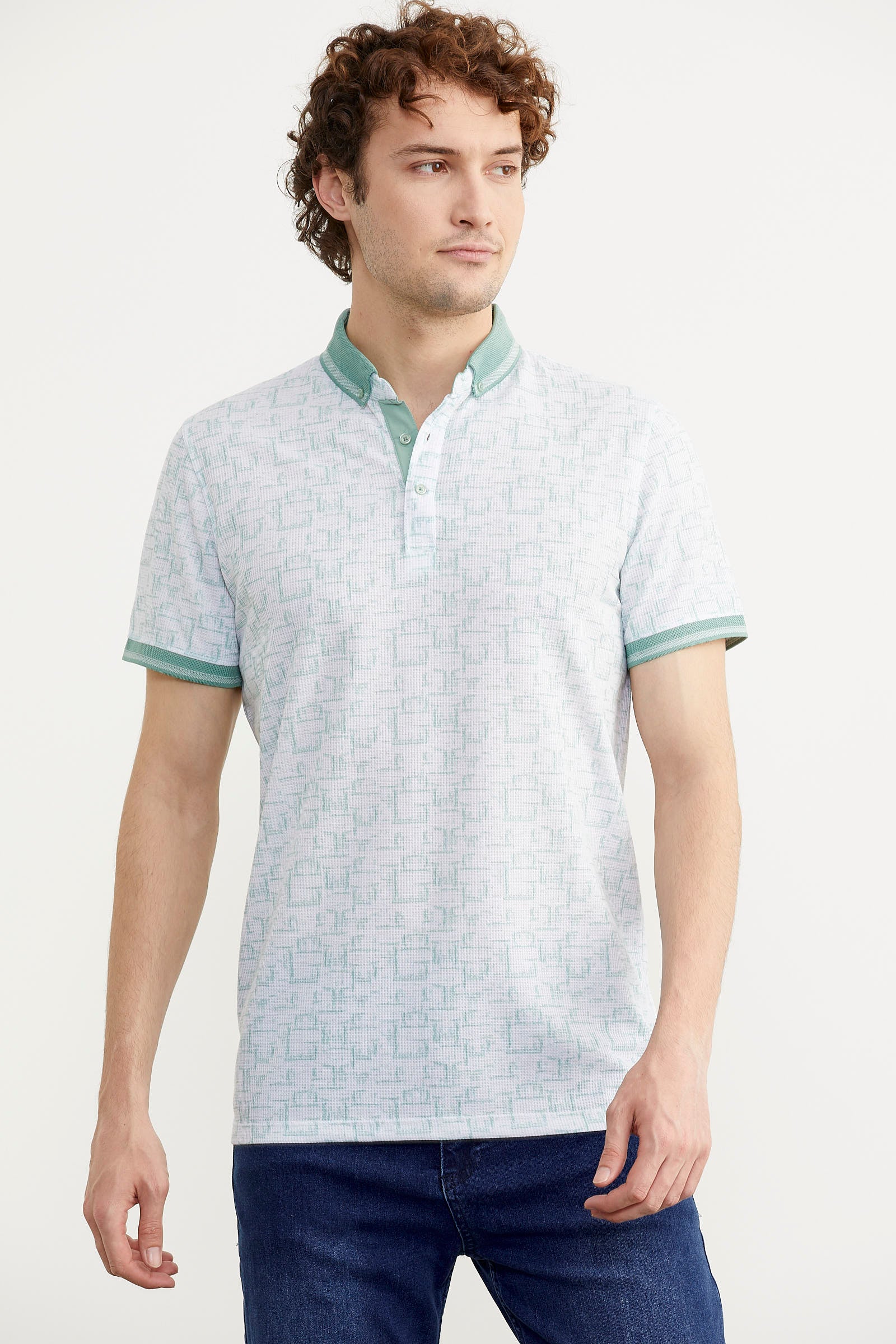 Slim Fit Polo Yaka Desenli Tişört - Yeşil (2) Sementa