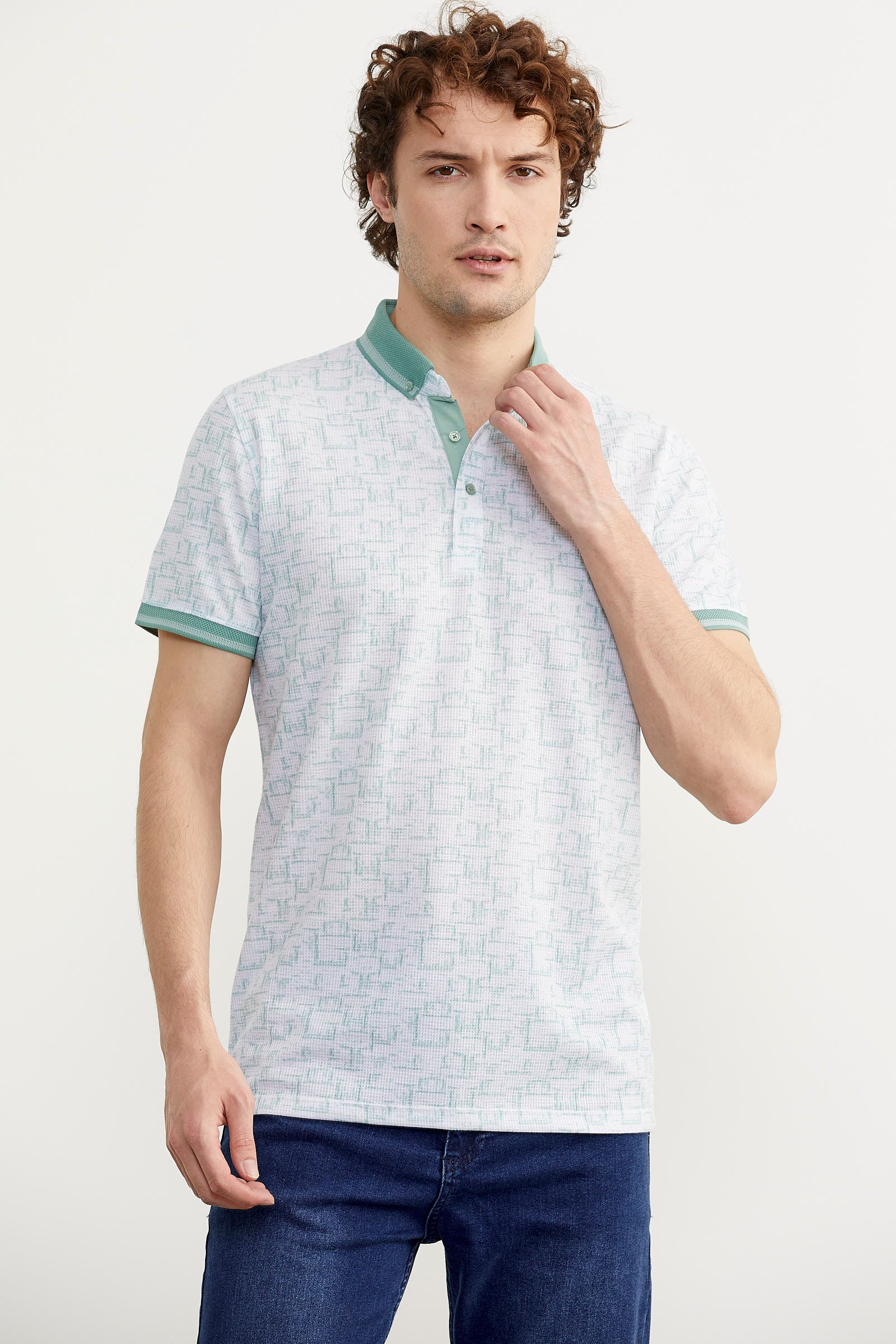 Slim Fit Polo Yaka Desenli Tişört - Yeşil (3) Sementa