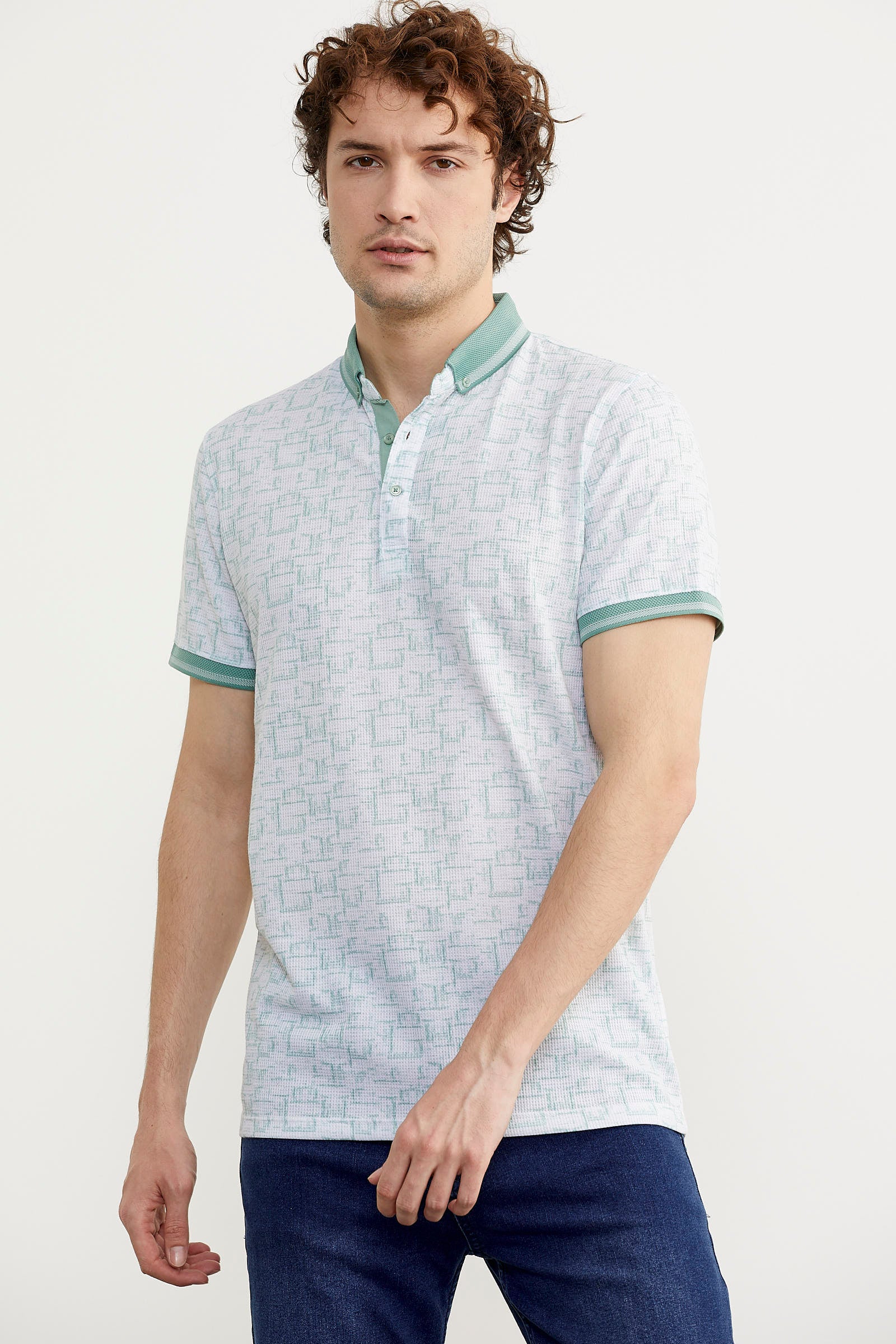 Slim Fit Polo Yaka Desenli Tişört - Yeşil (4) Sementa