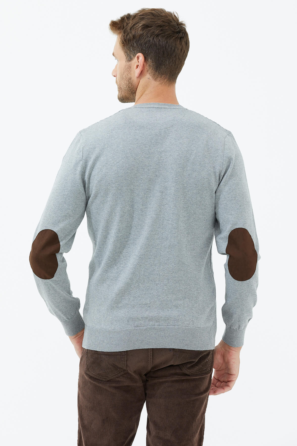 Süet Garnili Saç Örgülü Triko Kazak - Açık Gri (4) Sementa