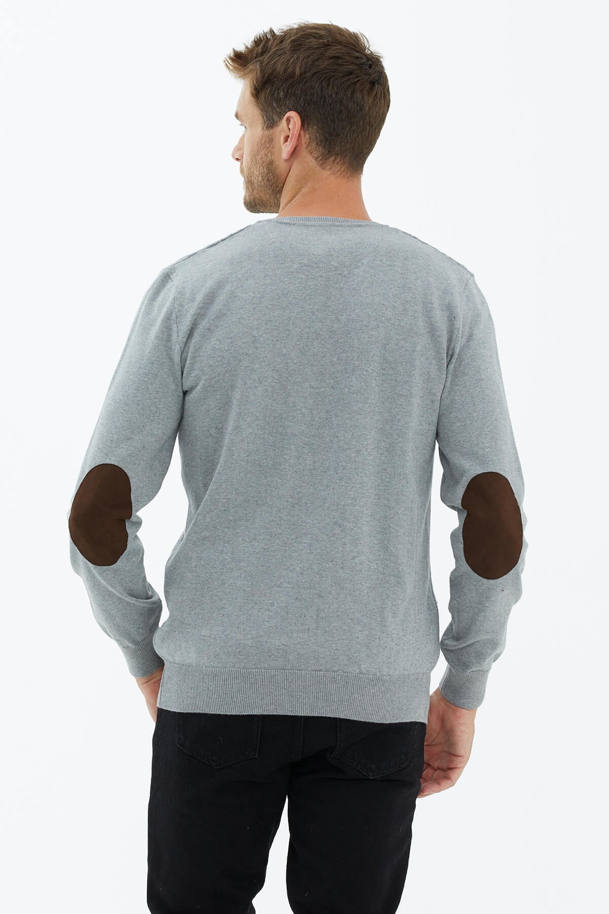 Süet Garnili Saç Örgülü Triko Kazak - Açık Gri (4) Sementa