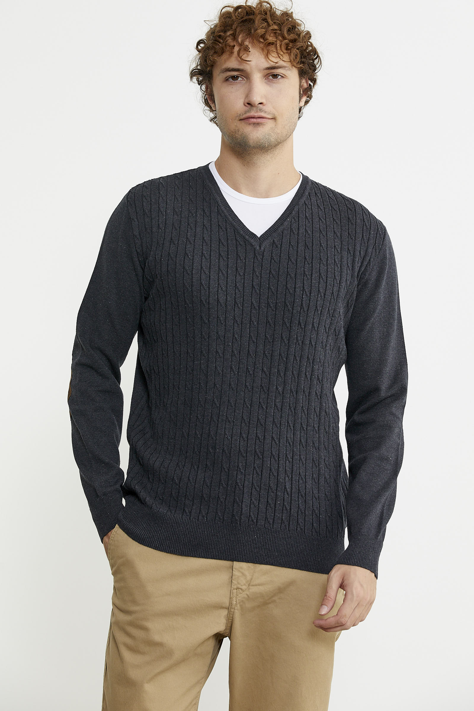 Süet Garnili Saç Örgülü Triko Kazak - Antrasit - Sementa