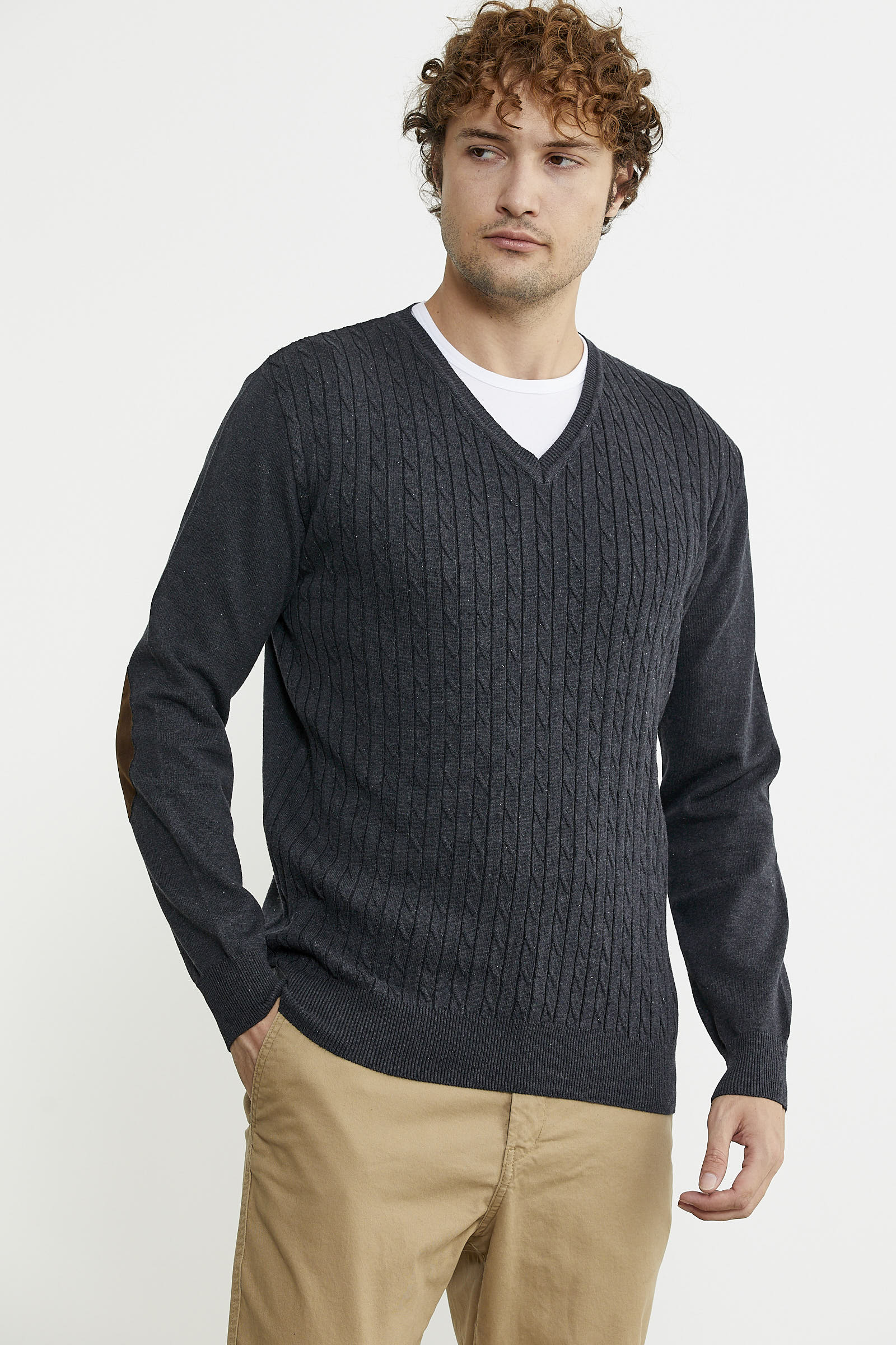 Süet Garnili Saç Örgülü Triko Kazak - Antrasit - Sementa