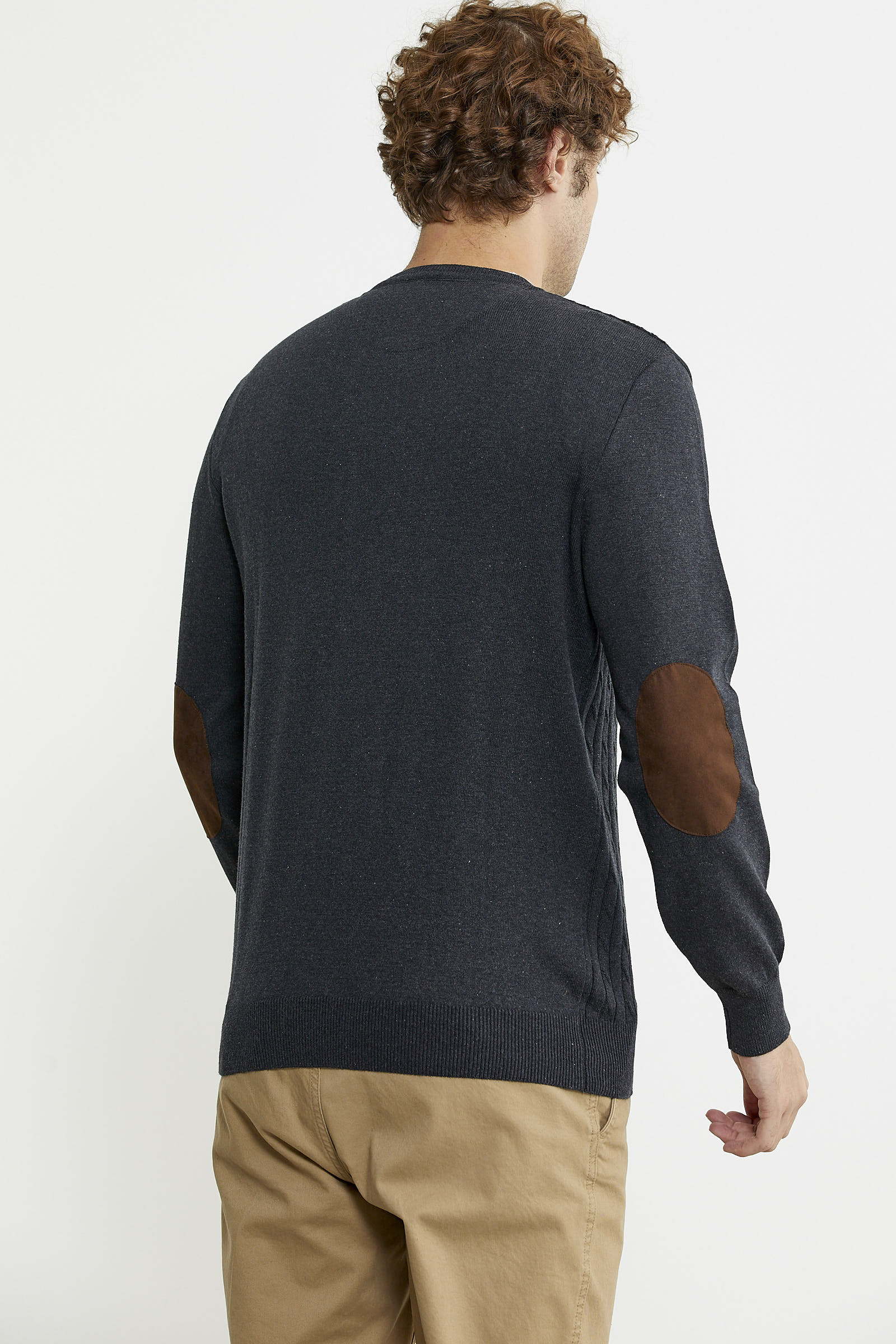 Süet Garnili Saç Örgülü Triko Kazak - Antrasit - Sementa