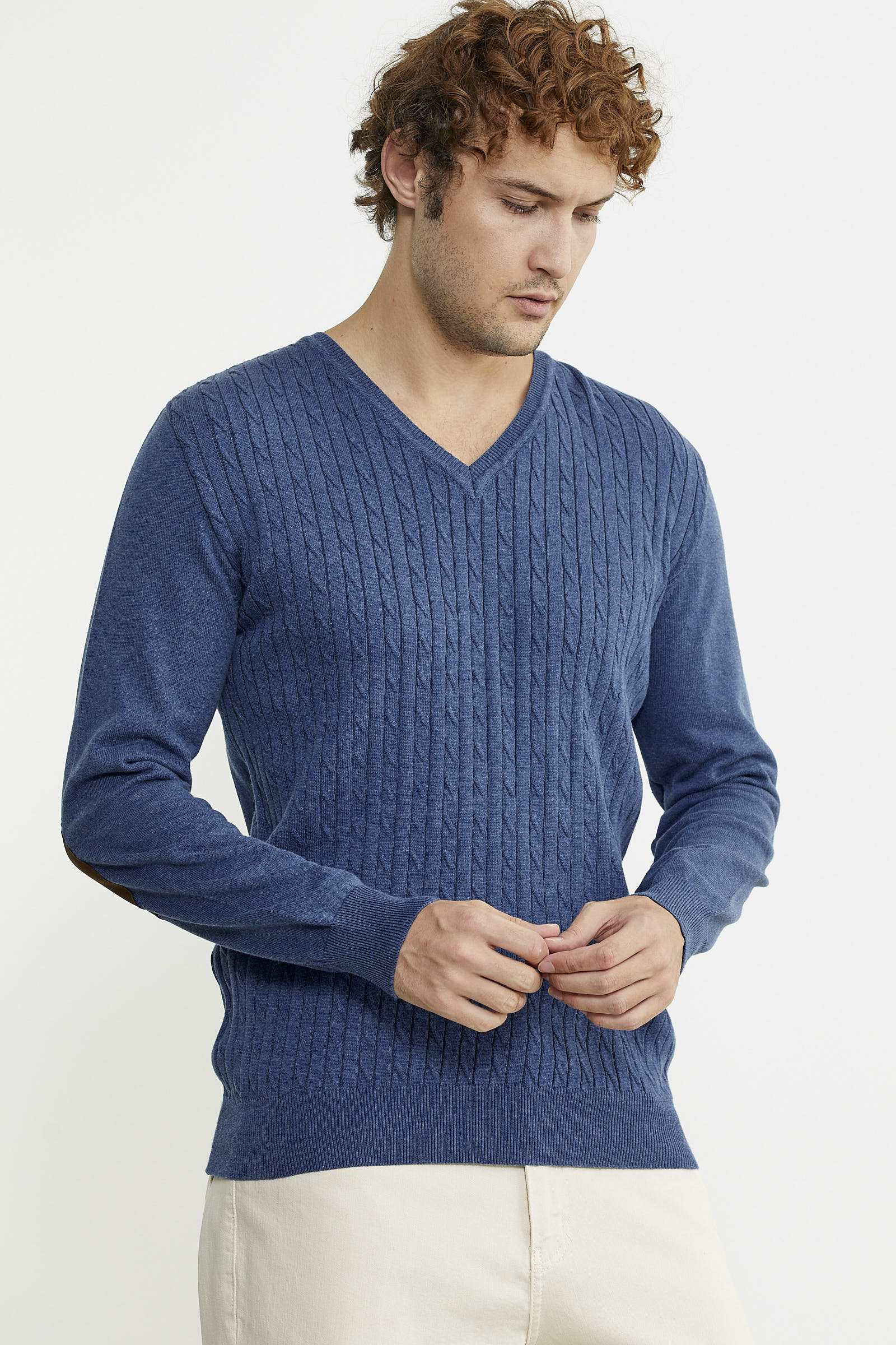 Süet Garnili Saç Örgülü Triko Kazak - Indigo - Sementa