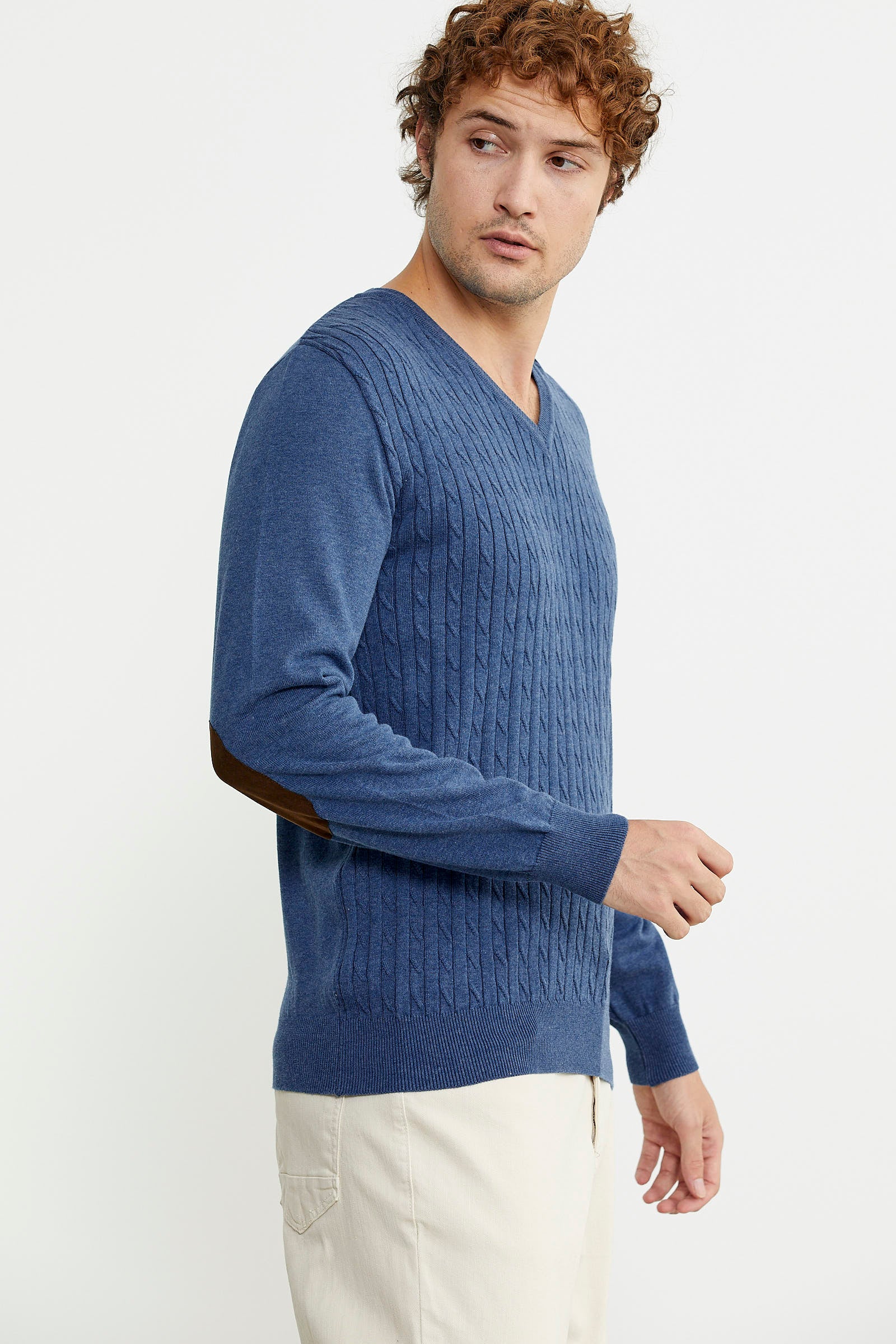 Süet Garnili Saç Örgülü Triko Kazak - Indigo - Sementa