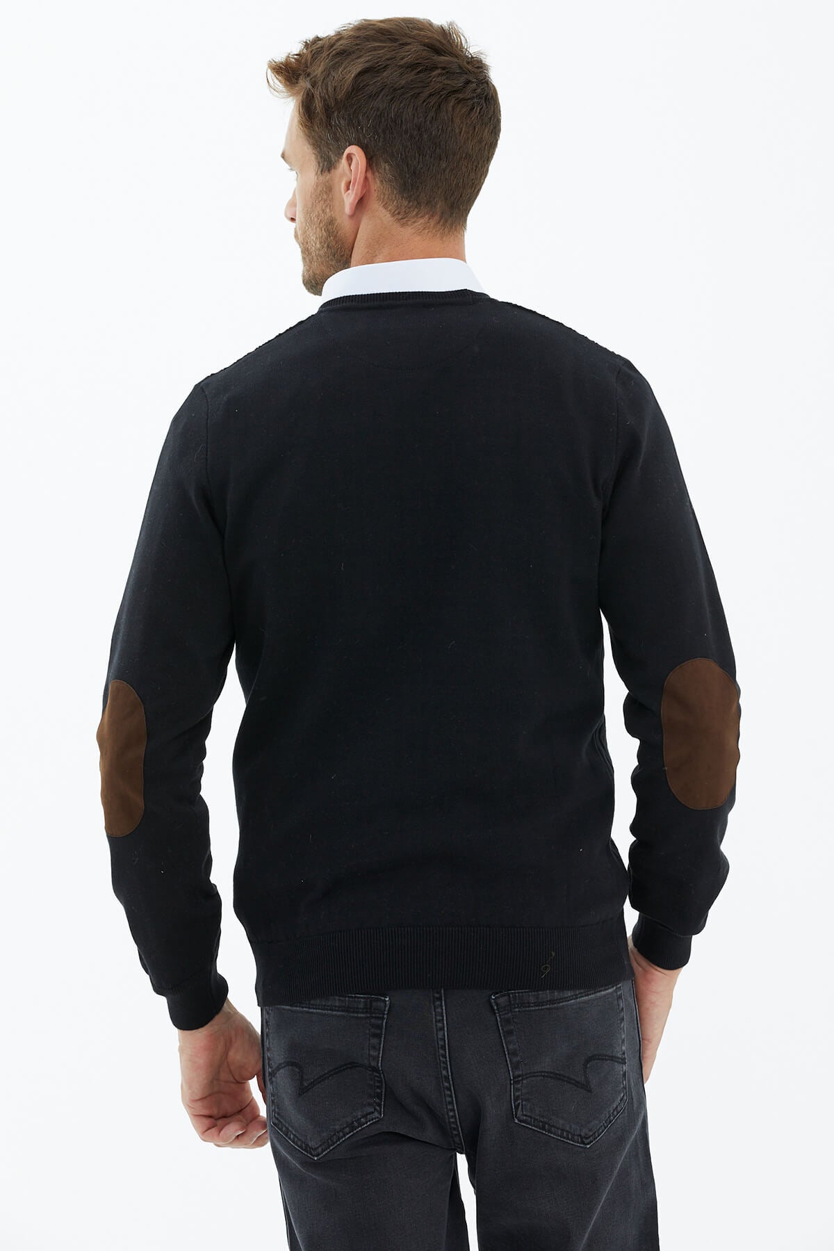 Süet Garnili Saç Örgülü Triko Kazak - Siyah (4) Sementa