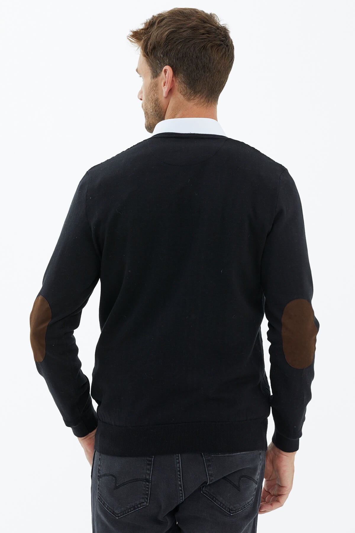 Süet Garnili Saç Örgülü Triko Kazak - Siyah (4) Sementa