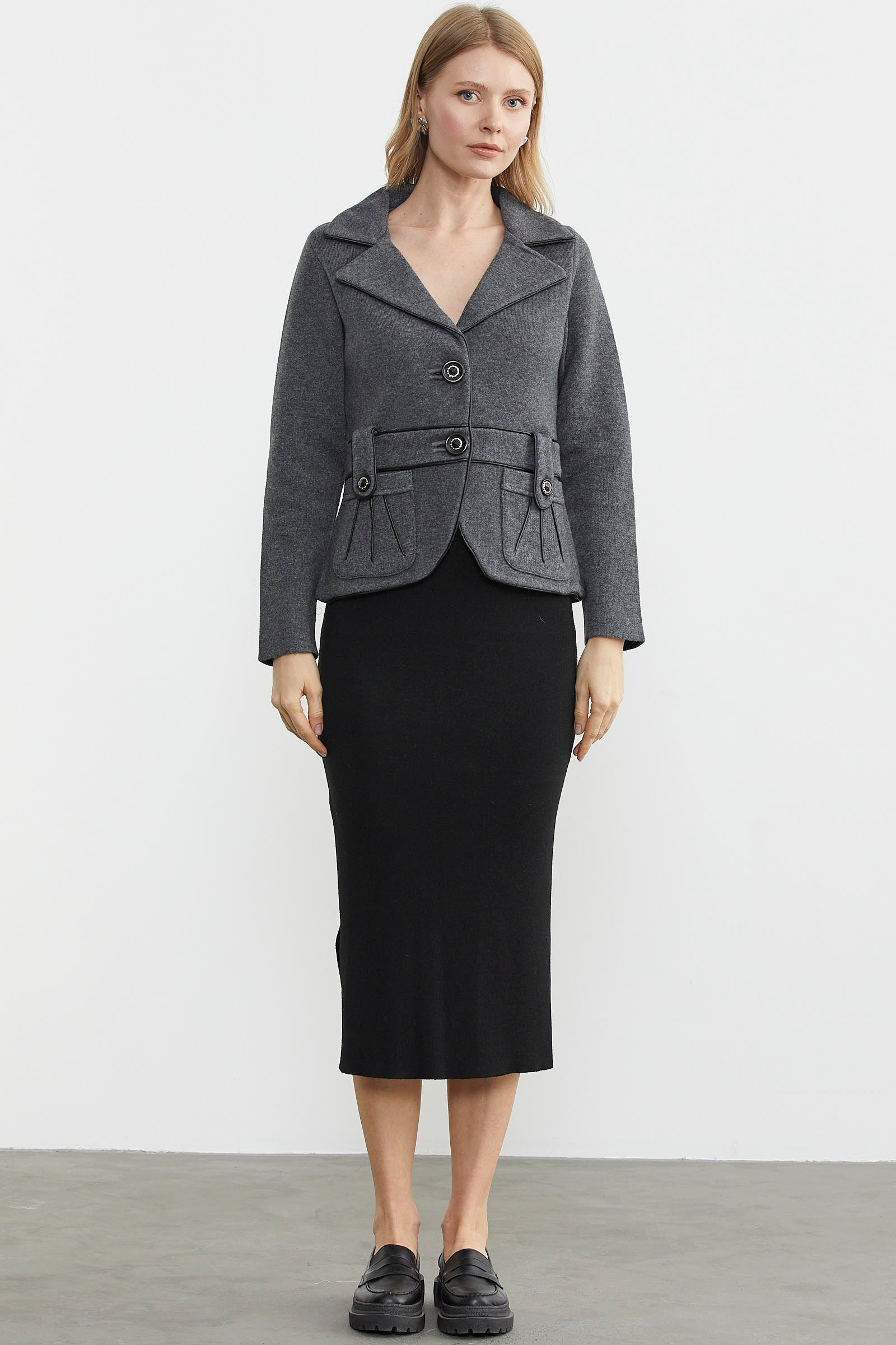 Suni Deri Biyeli Triko Ceket - Koyu Gri - Siyah (1) Sementa