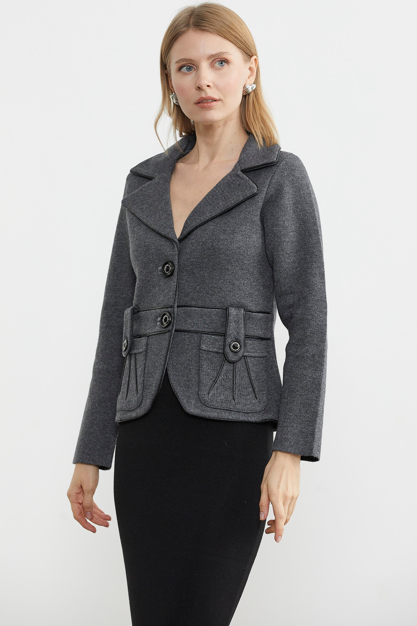 Suni Deri Biyeli Triko Ceket - Koyu Gri - Siyah (3) Sementa