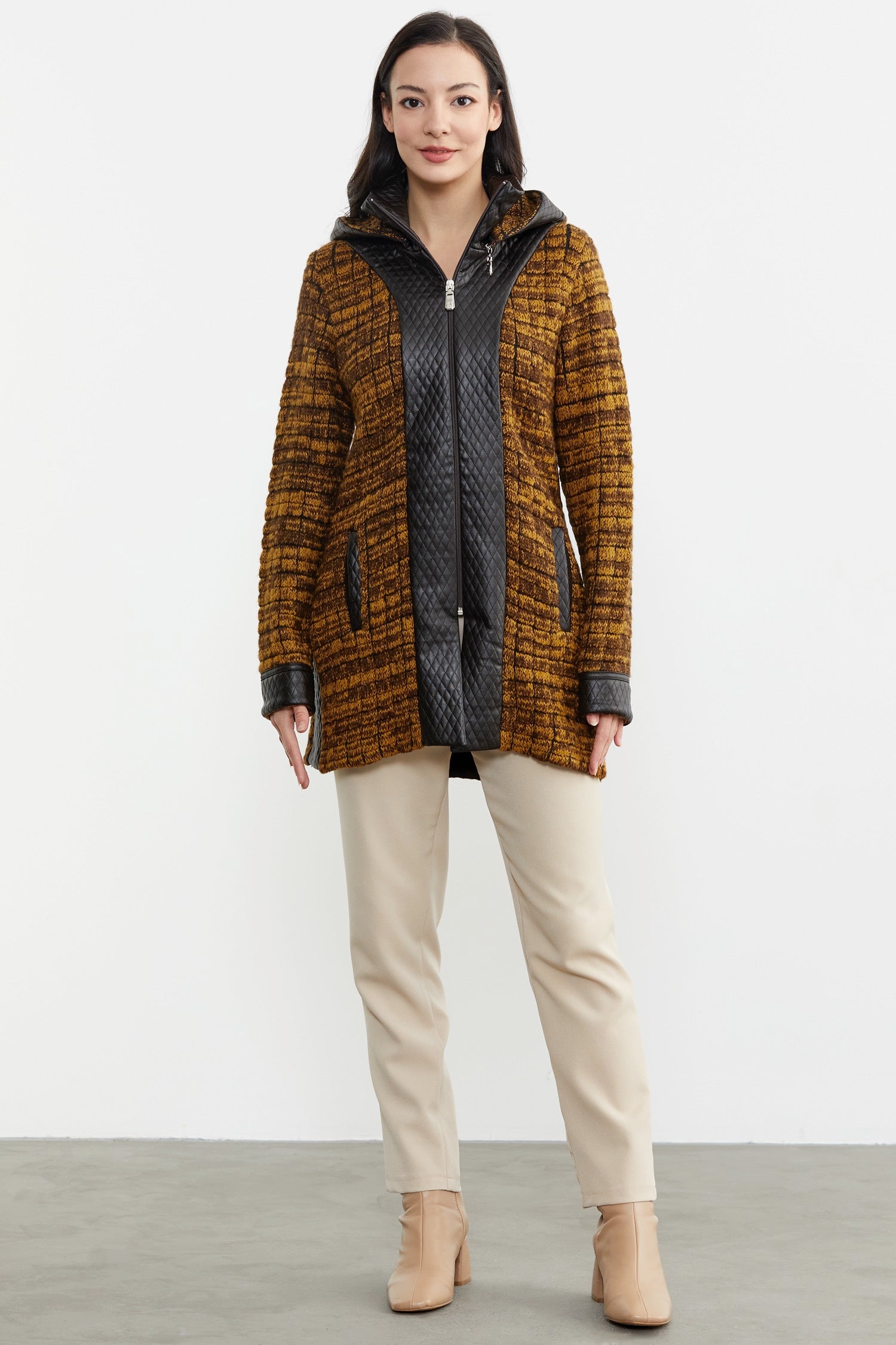 Suni Deri Detaylı Uzun Triko Ceket - Güneş - Kahverengi (1) Sementa