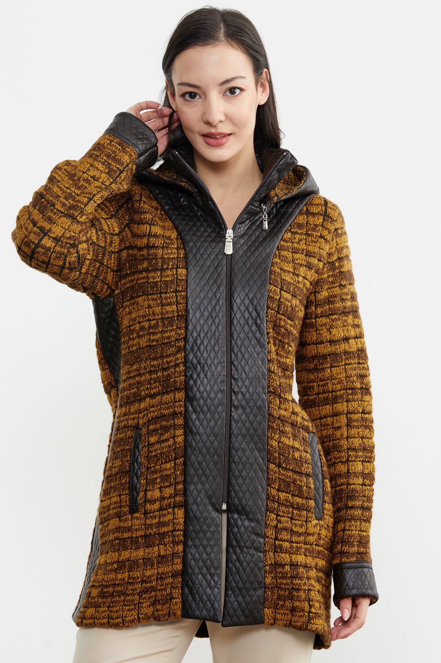 Suni Deri Detaylı Uzun Triko Ceket - Güneş - Kahverengi (5) Sementa