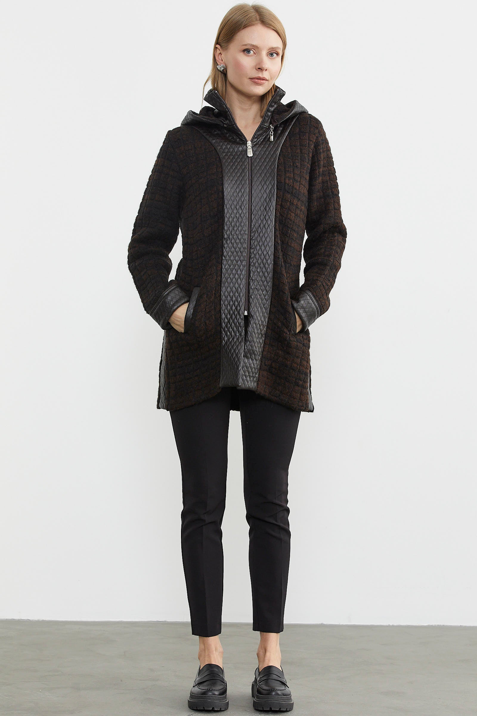 Suni Deri Detaylı Uzun Triko Ceket - Kahve - Siyah (1) Sementa