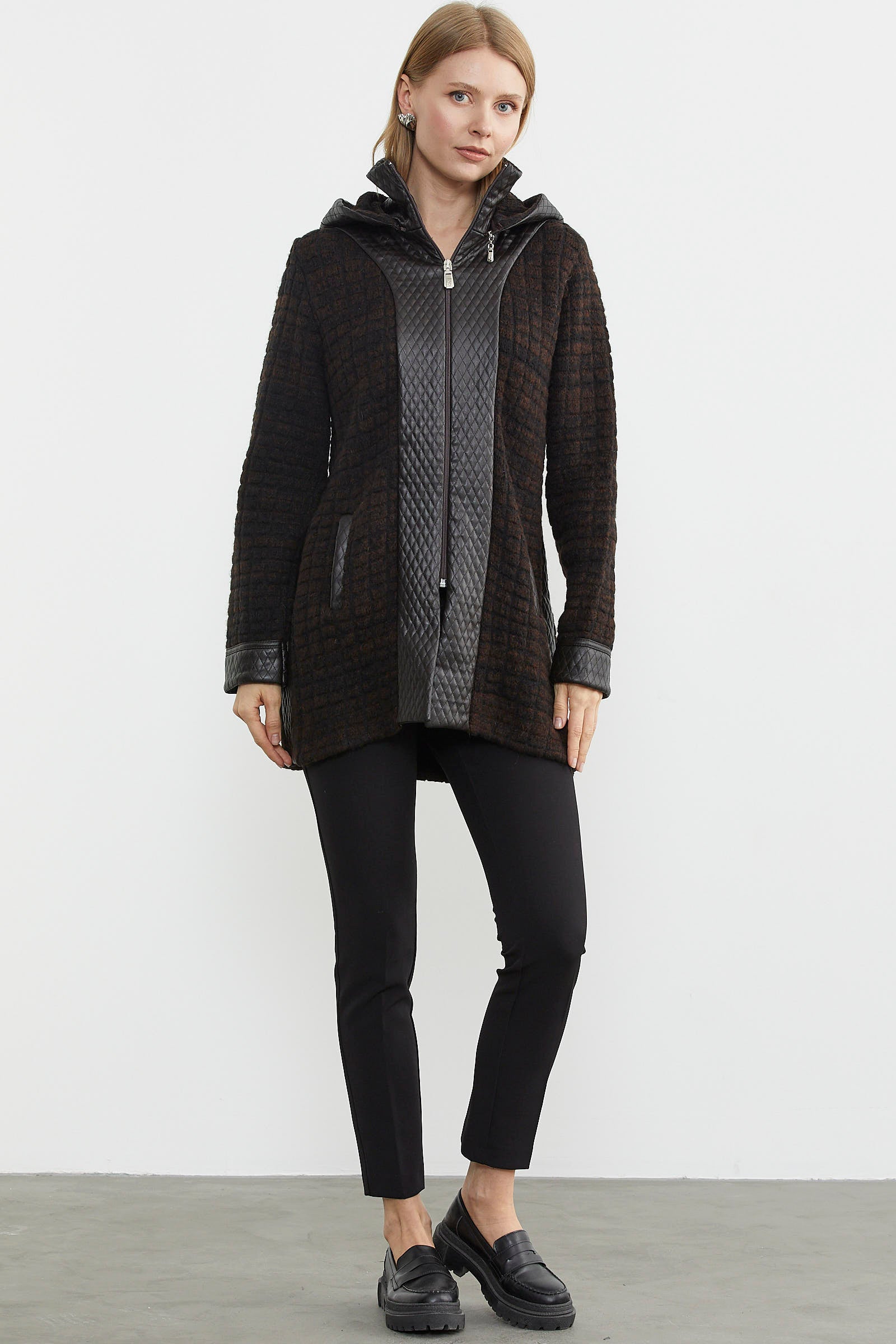 Suni Deri Detaylı Uzun Triko Ceket - Kahve - Siyah (3) Sementa