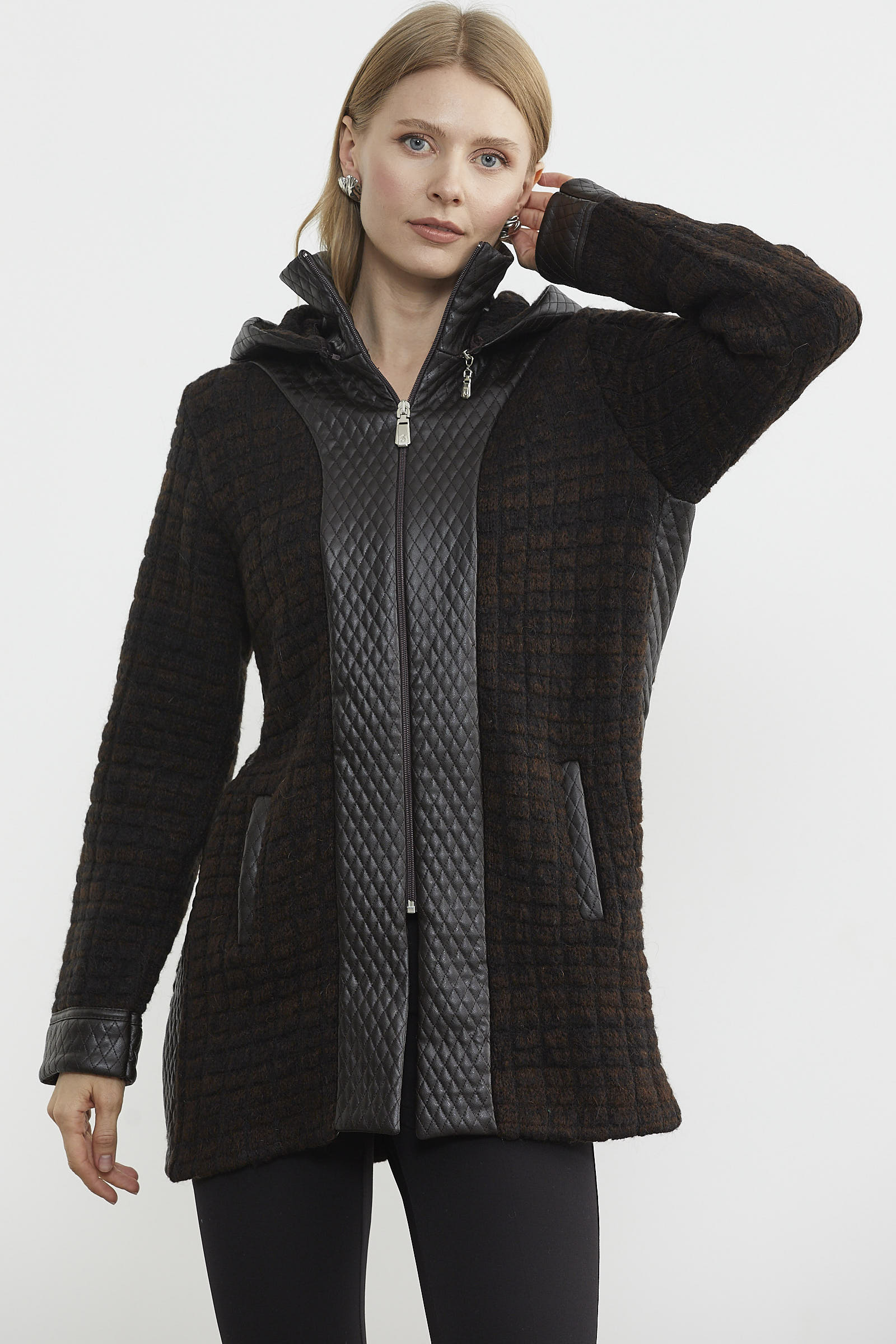 Suni Deri Detaylı Uzun Triko Ceket - Kahve - Siyah (4) Sementa